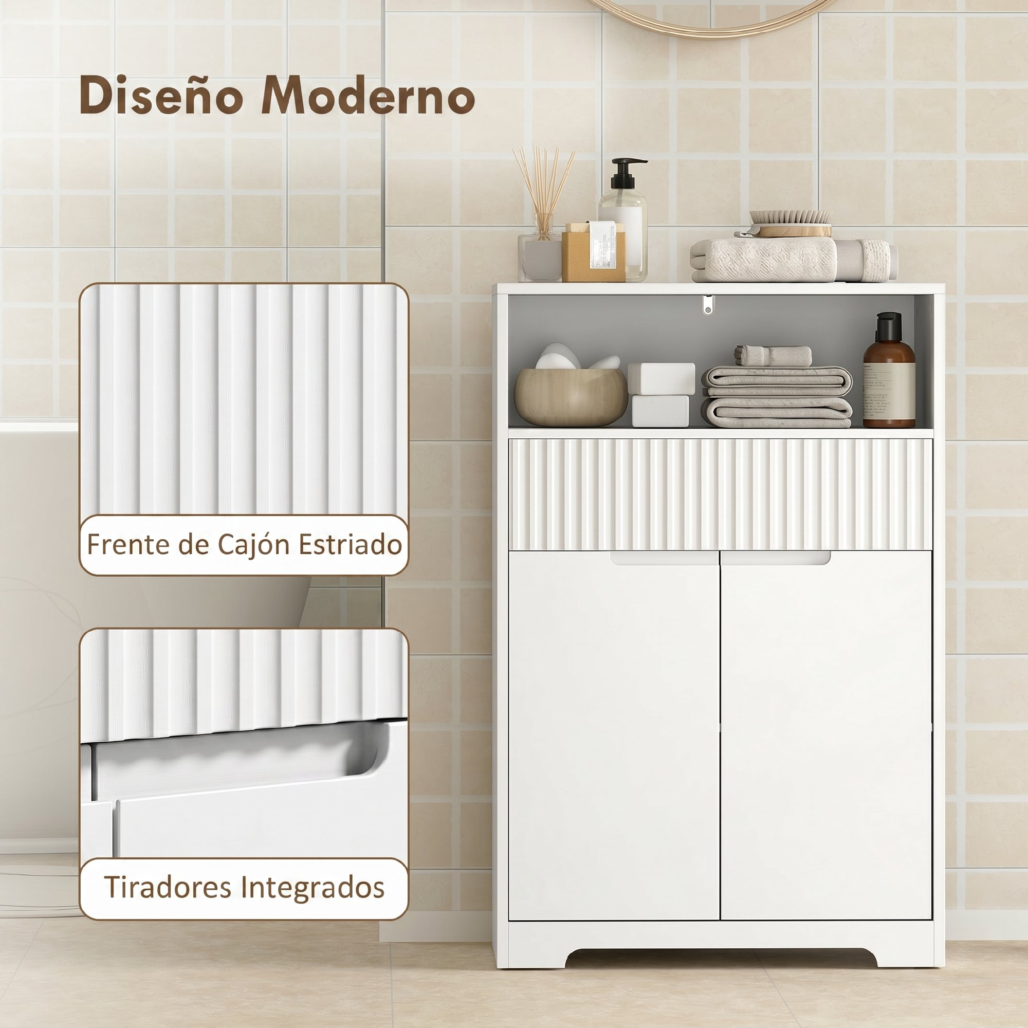 Mueble de baño blanco con estantes, cajón estriado y dos puertas contra una pared de azulejos beige.