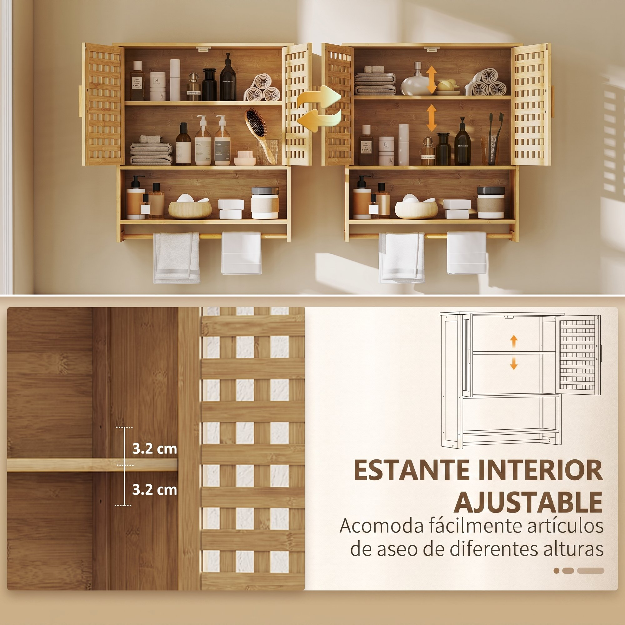 Dos gabinetes de baño de madera abiertos con estantes ajustables, artículos de aseo y toallas.
