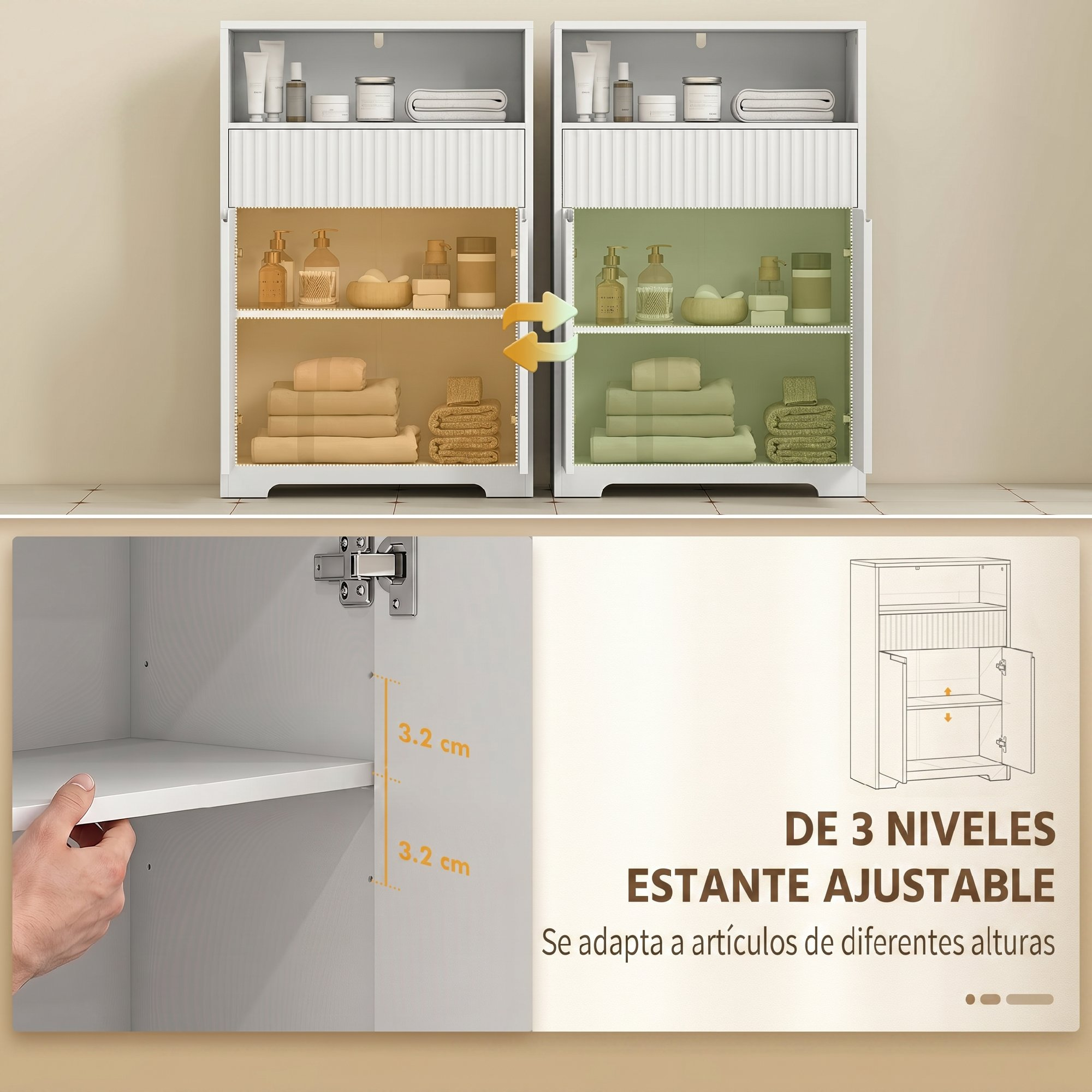 Dos gabinetes de baño blancos con estantes ajustables, toallas y artículos de tocador, mostrando separación de 3.2 cm.
