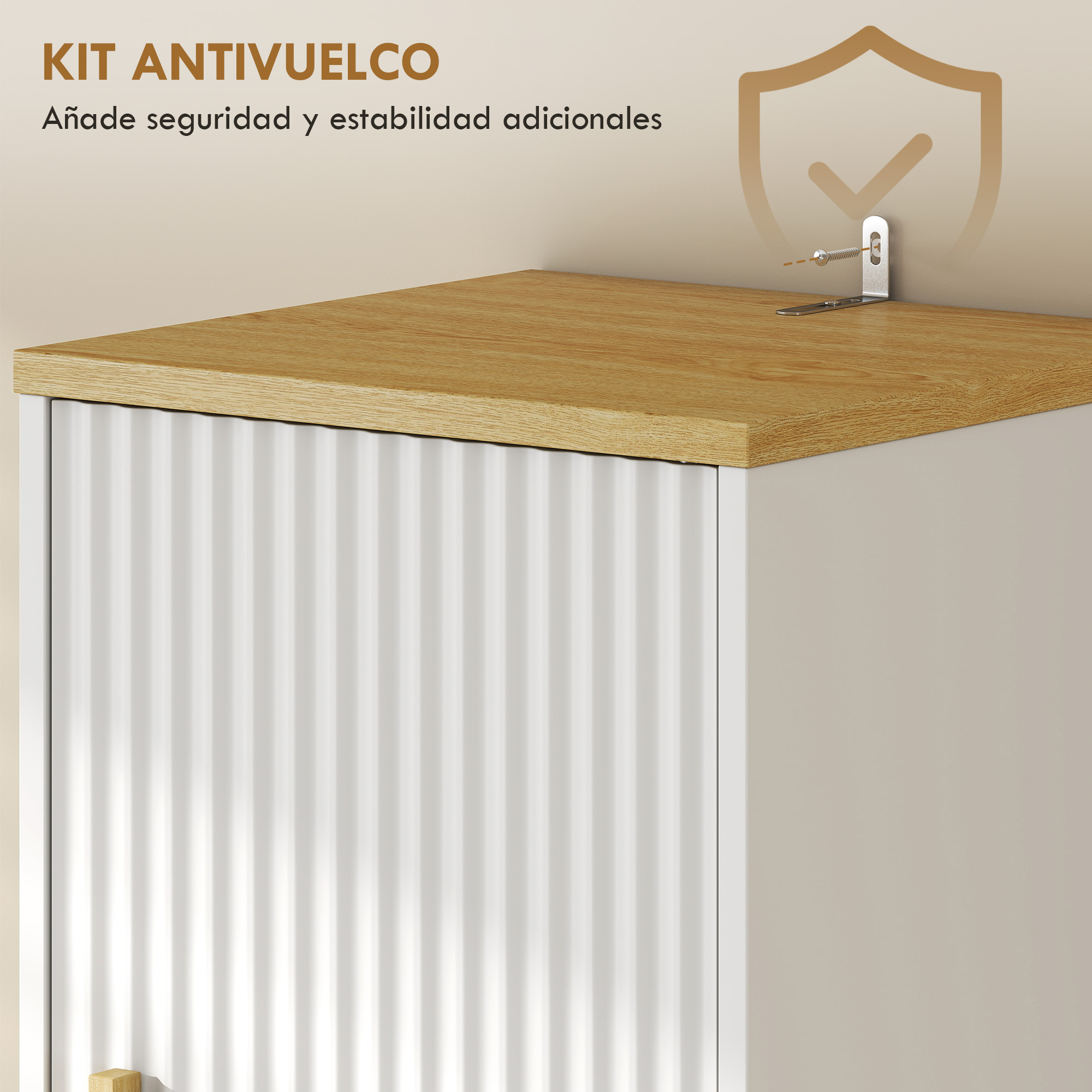 Kit antivuelco instalado en una mesa de madera con texto.