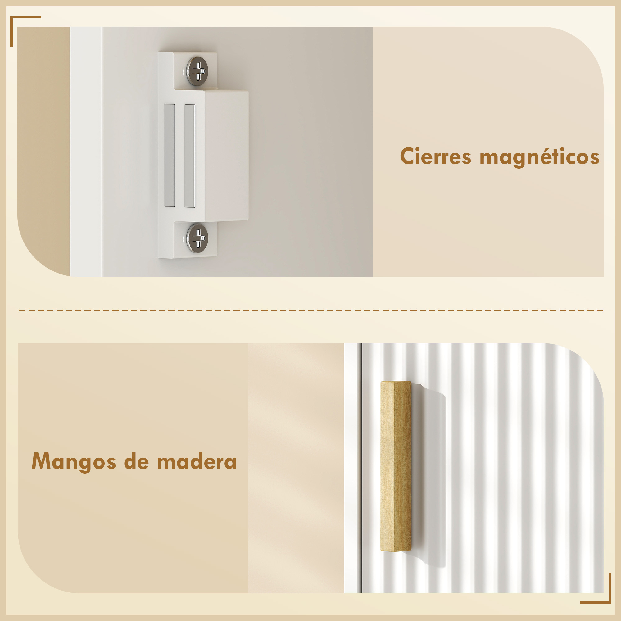 Un cierre magnético en superficie blanca y tirador de madera en puerta acanalada.