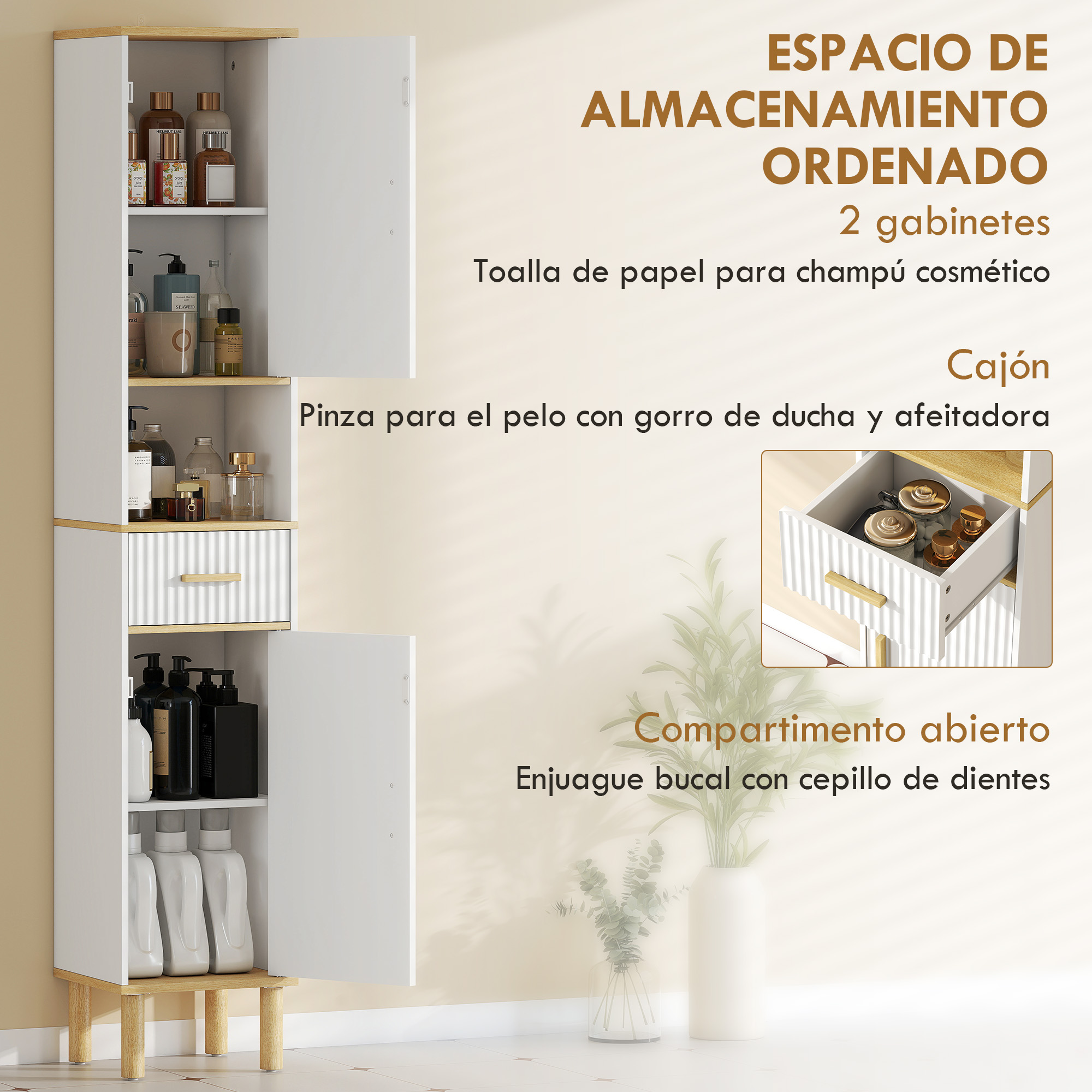 Alto armario de baño blanco con detalles de madera, estantes, cajón y artículos de aseo.