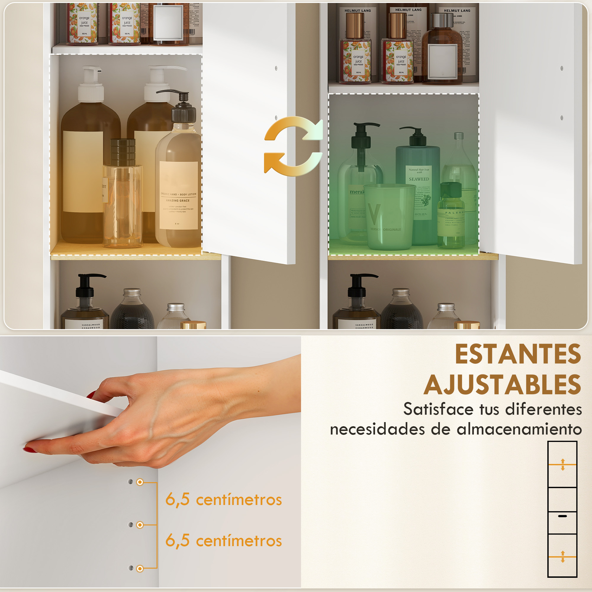 Estantes ajustables en un armario blanco con artículos de aseo y mano mostrando 6,5 cm de espacio.