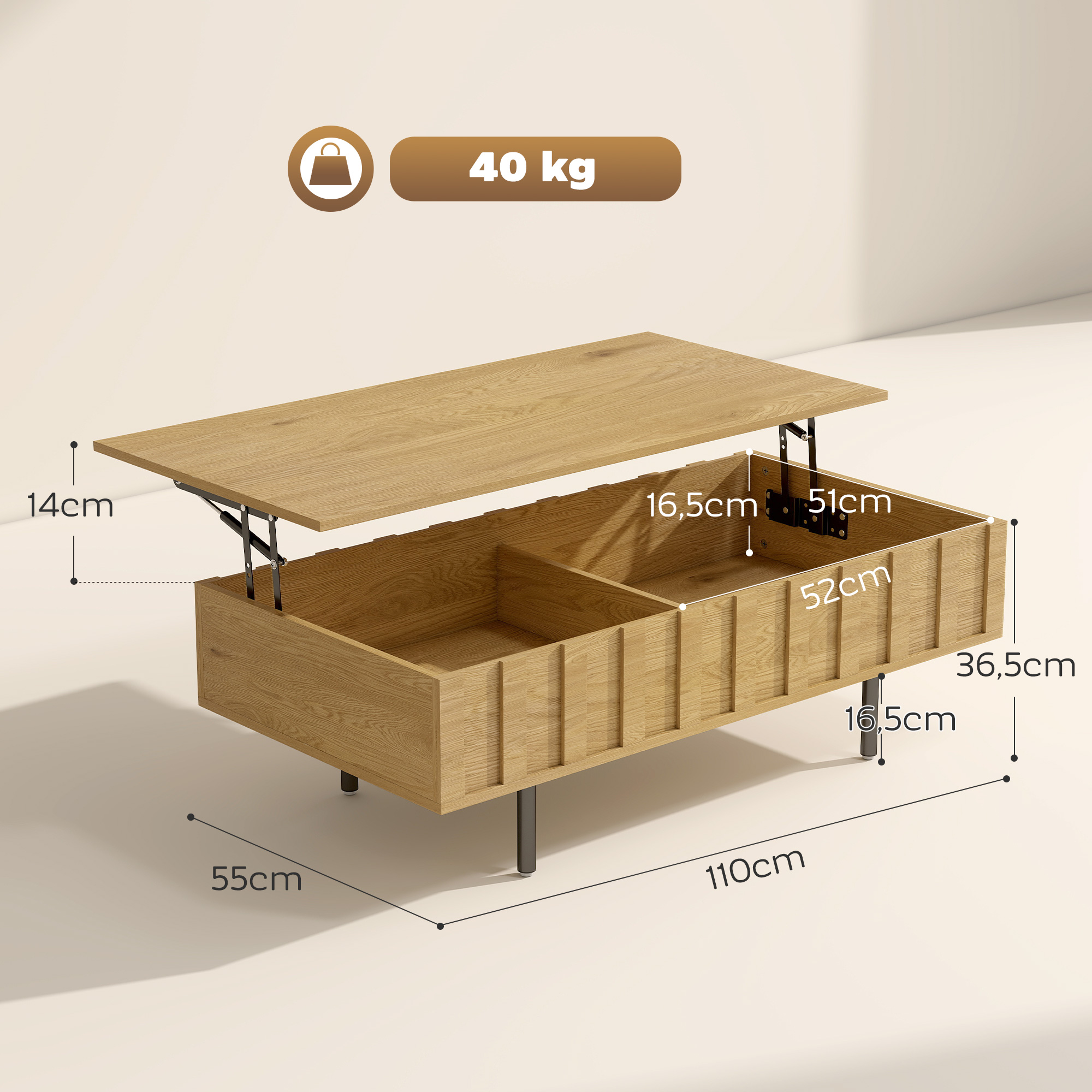 Mesa de centro de madera con función elevable y dimensiones sobre fondo beige.