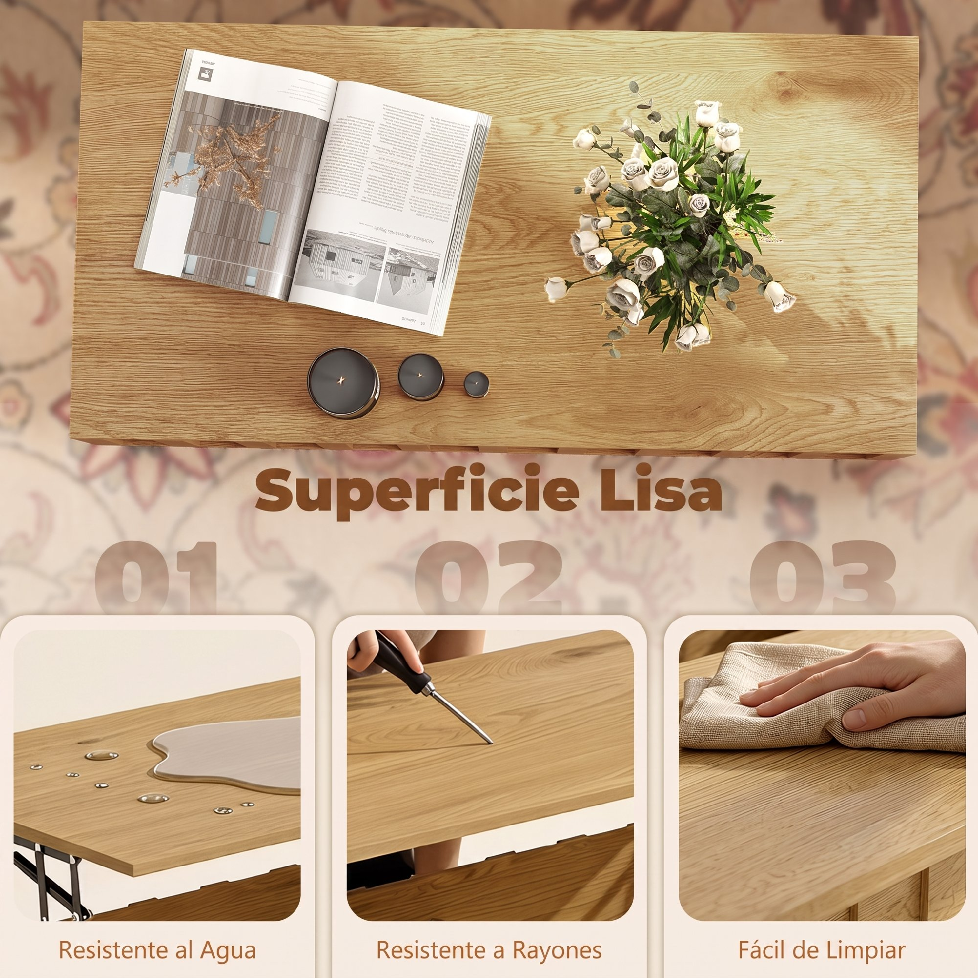 Mesa de madera con libro, flores y velas; abajo muestra resistencia al agua, a los rayones y facilidad de limpieza.