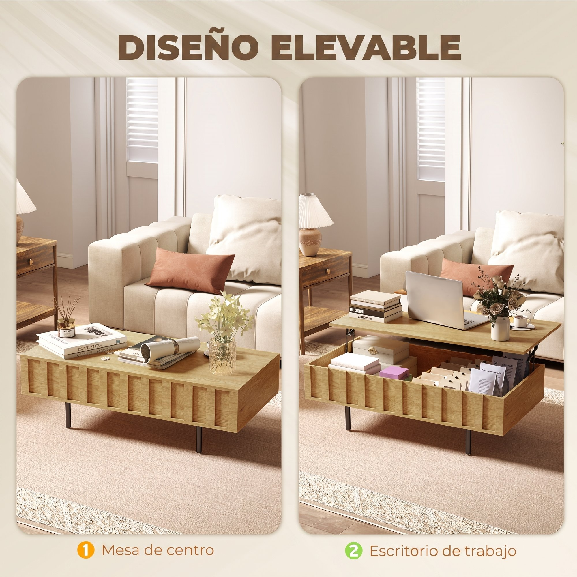 Mesa de centro de madera con superficie elevable y almacenamiento en salón moderno.