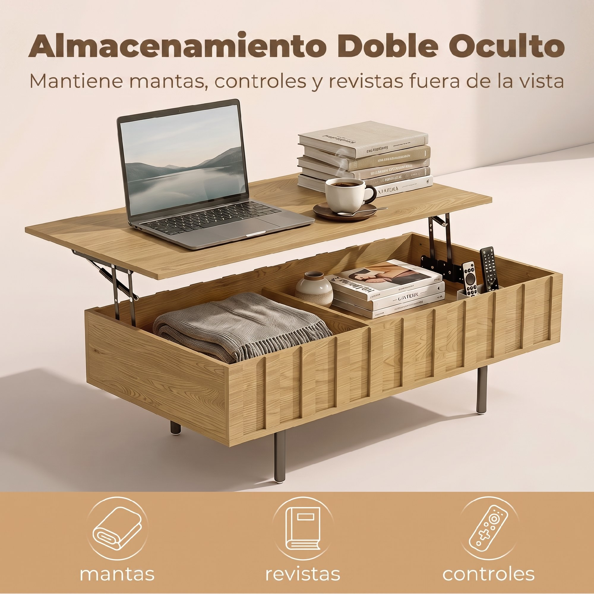 Mesa de centro elevable de madera con compartimento de almacenamiento oculto para mantas, libros y mandos.