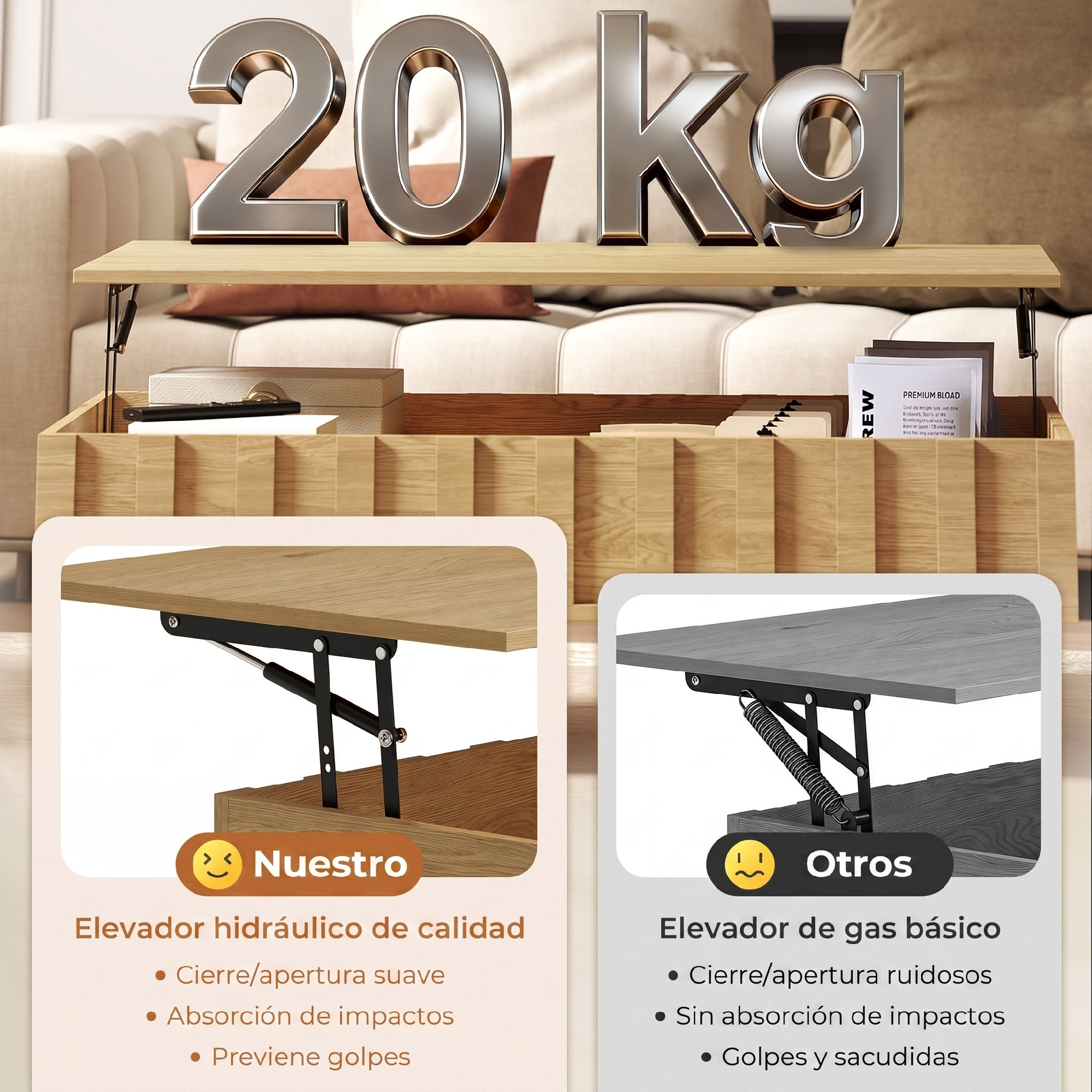 Comparación de dos mecanismos de mesa de centro: elevador hidráulico a la izquierda frente a elevador de gas básico a la derecha.