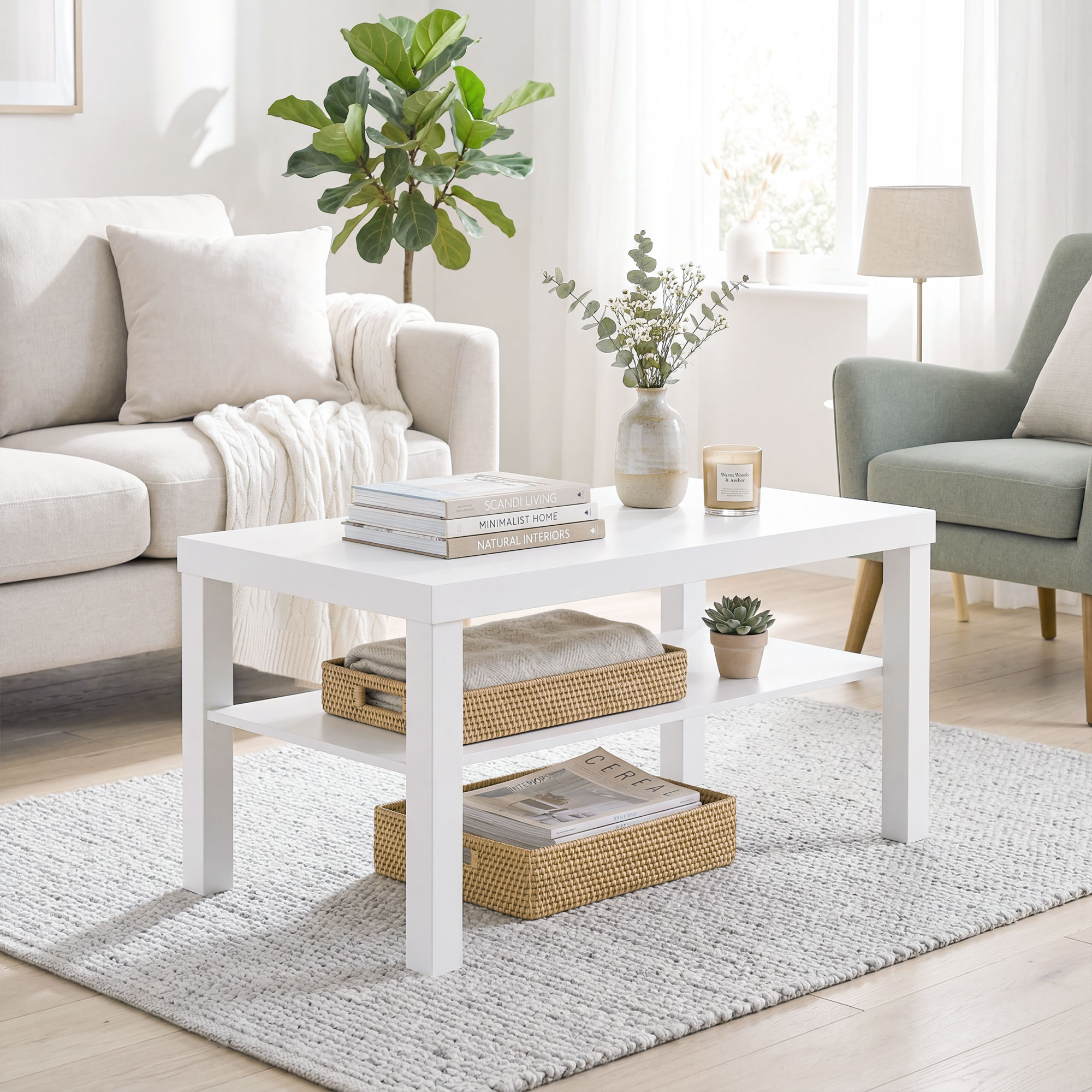 Un salón luminoso con mesa de centro blanca, libros, floreros, sofá y sillón verde.