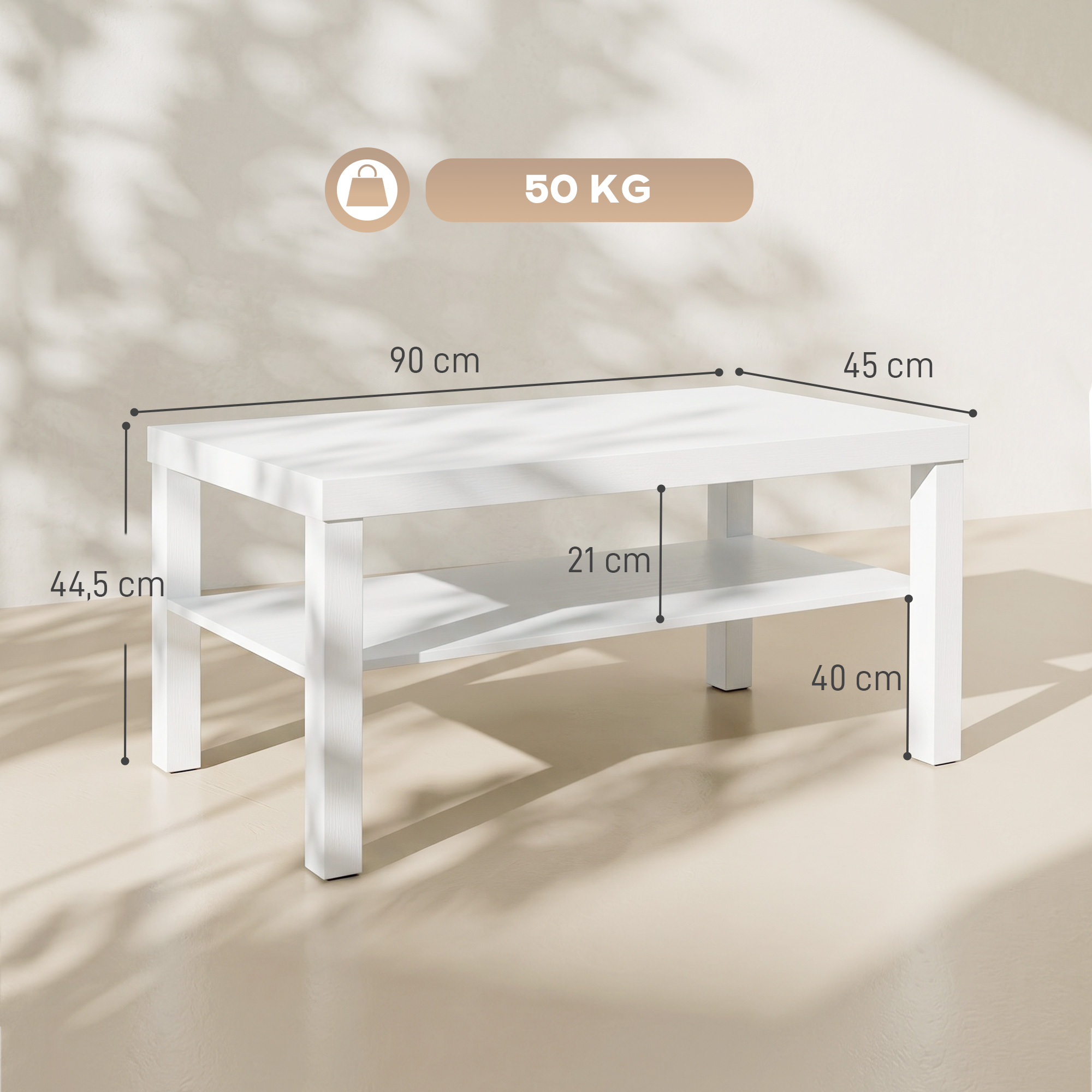Mesa de centro de madera blanca con balda inferior e indicadores de medida sobre fondo claro.