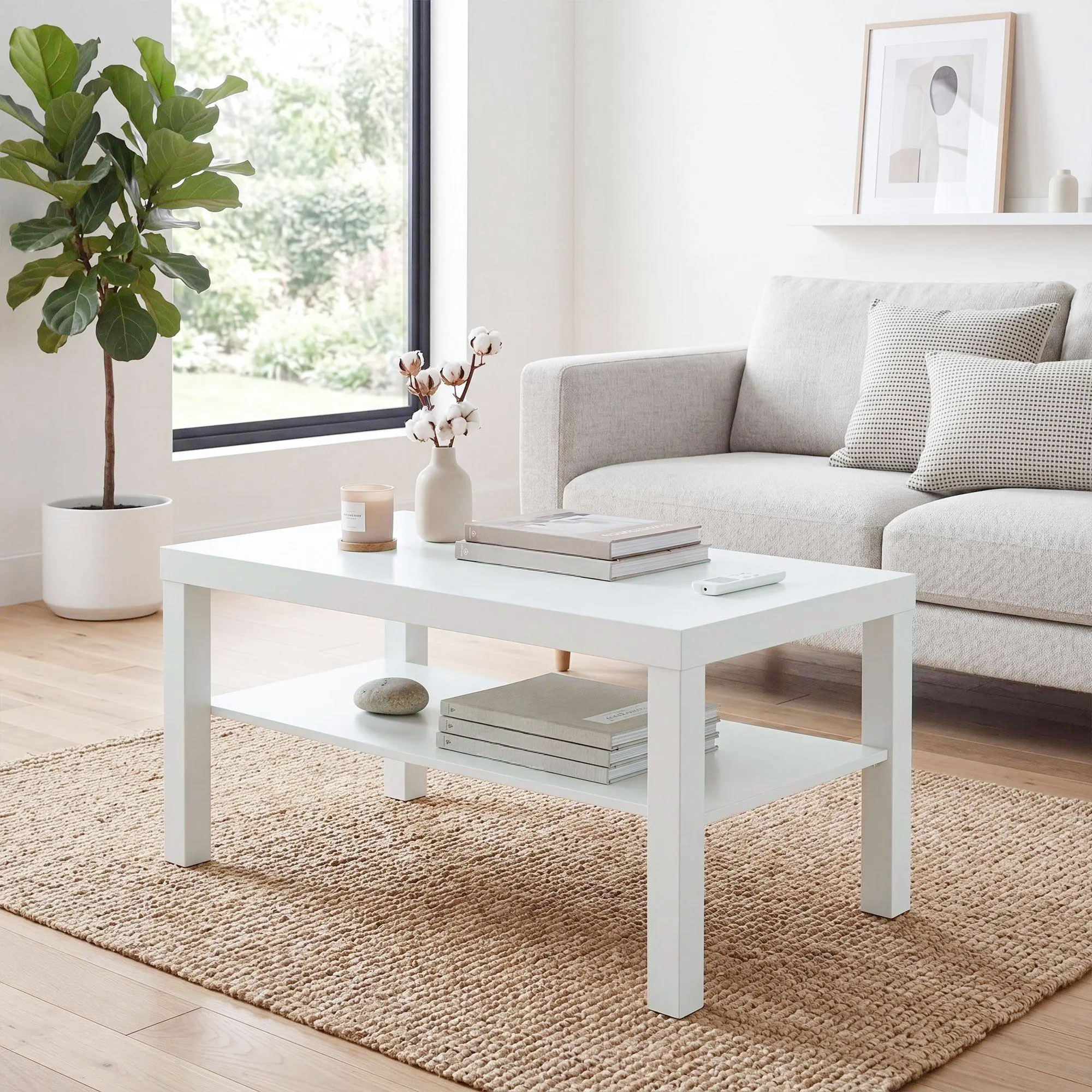 Una mesa de centro blanca en una alfombra en una sala luminosa con sofá gris y planta.