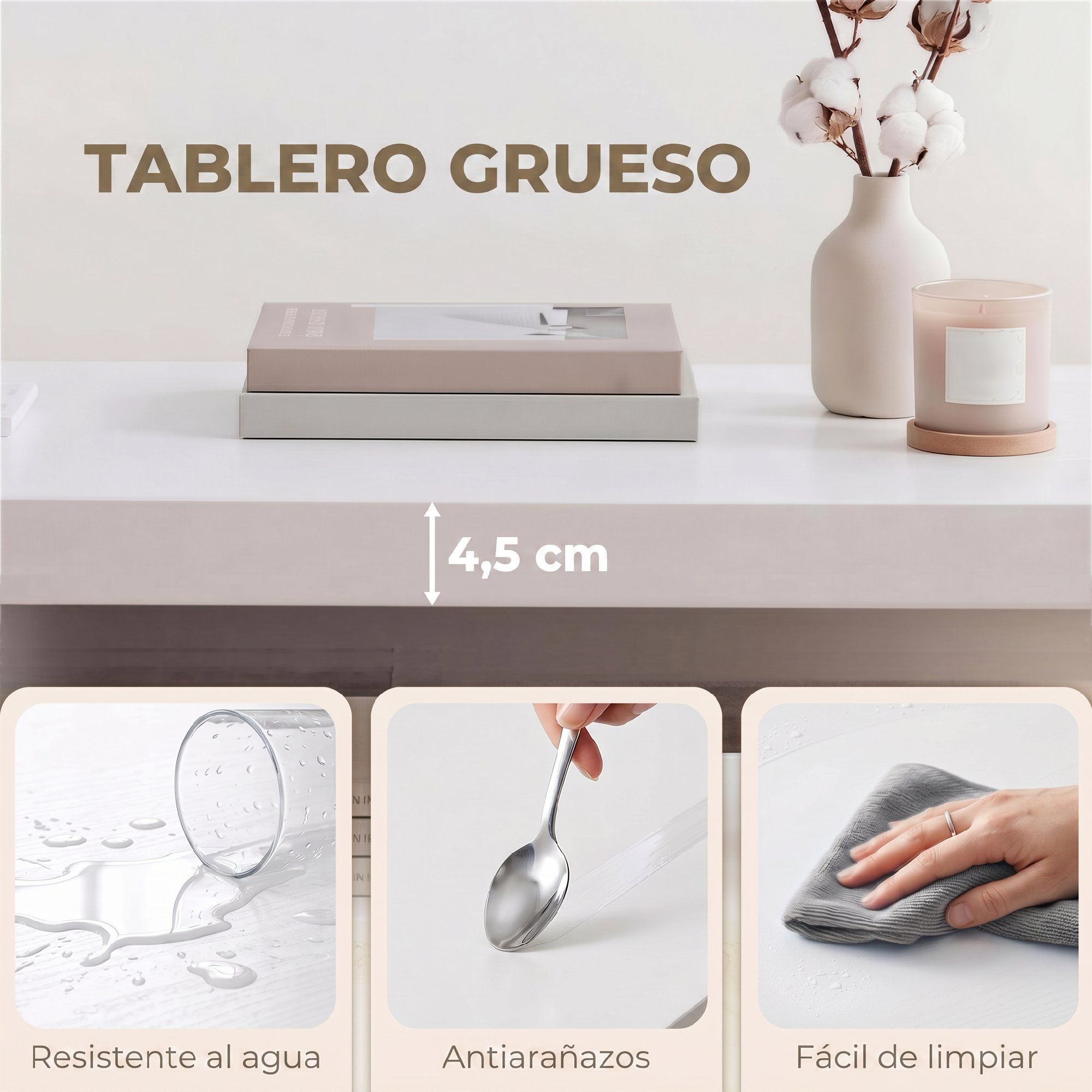 Una imagen con texto que muestra el tablero grueso, resistencia al agua, antiarañazos y fácil limpieza.