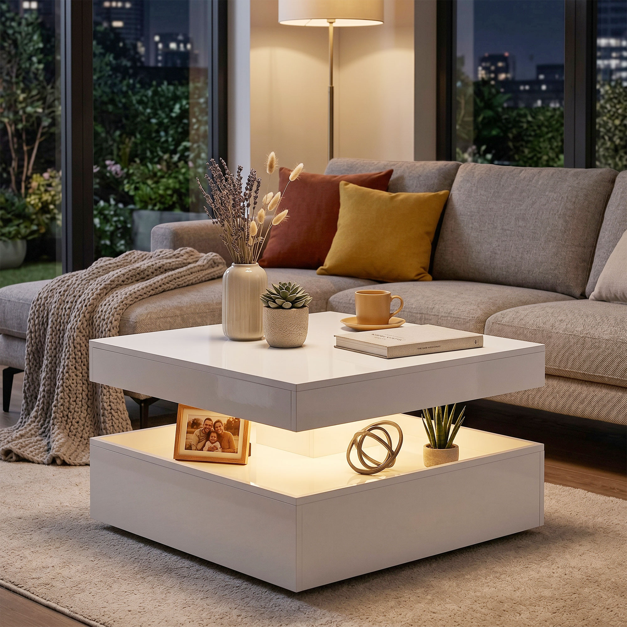 Mesa de centro blanca moderna con estante iluminado, jarrones y decoración en un salón acogedor.