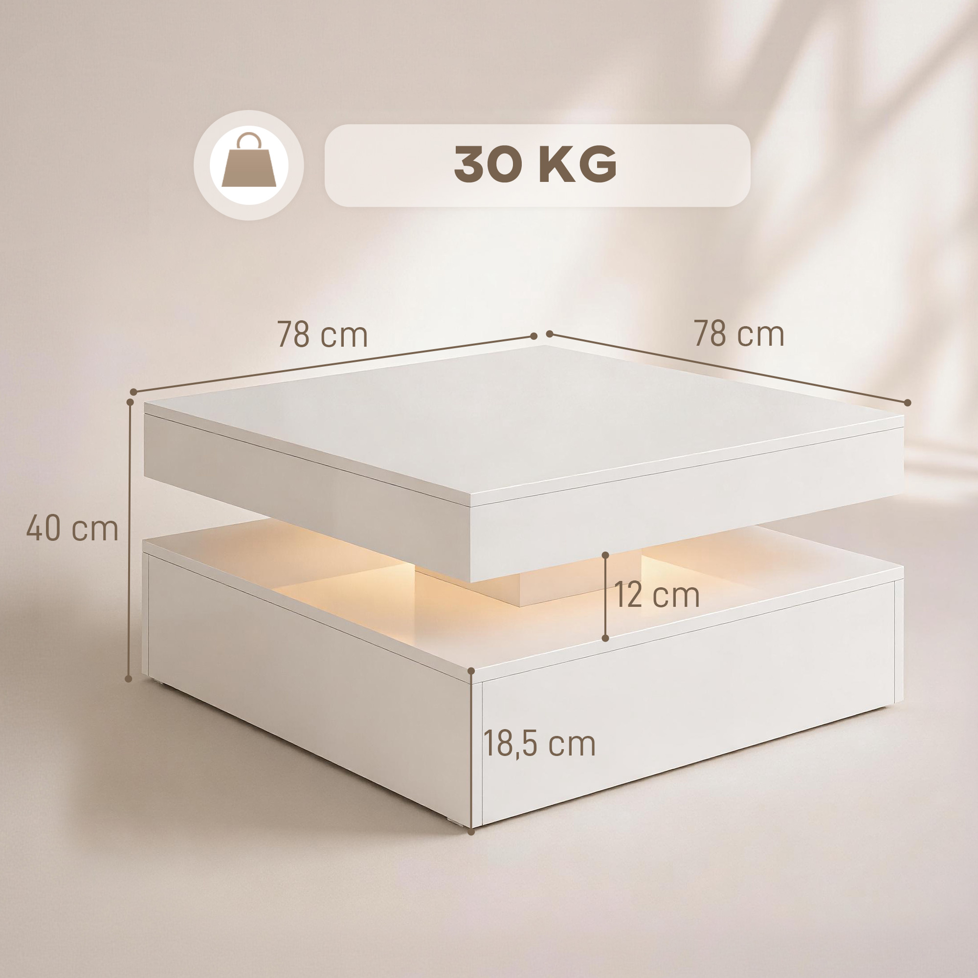 Mesa de centro blanca moderna con luz LED, 78x78x40 cm, capacidad de 30 kg, con dimensiones.