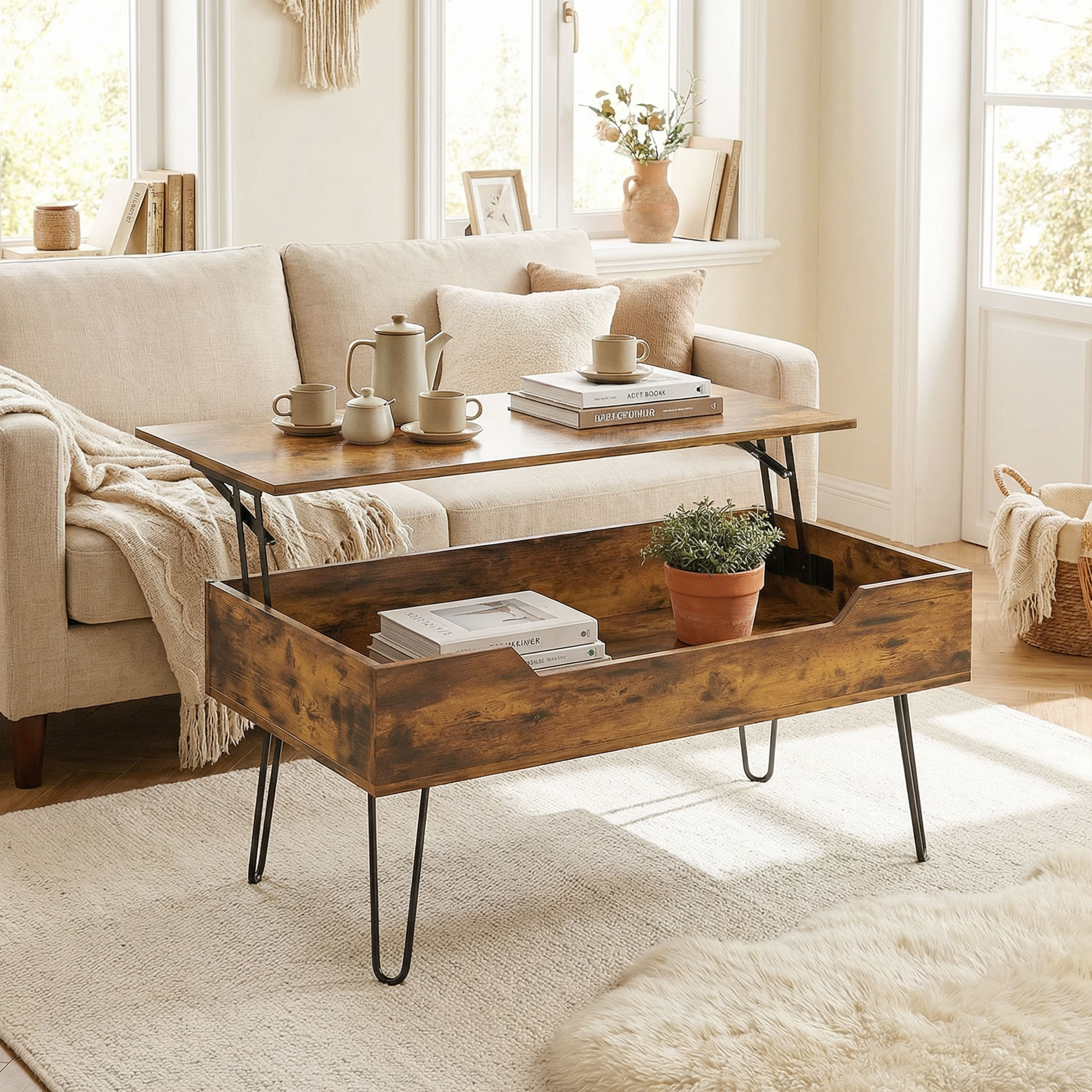 Una mesa de centro rústica de madera con tapa elevable en una sala luminosa con sofá beige, libros y planta.