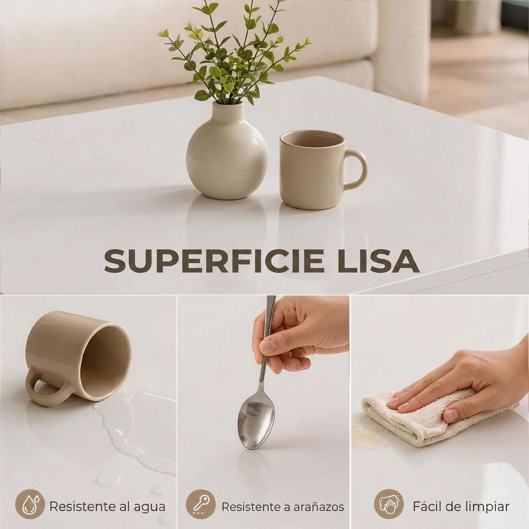 Superficie blanca brillante con jarrón, taza, derrame de agua, cuchara y paño.