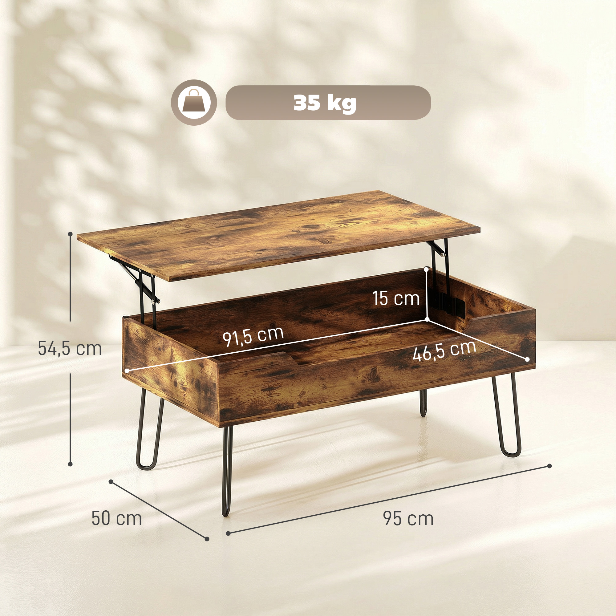 Mesa de centro de madera rústica con tapa elevable, patas de metal y medidas sobre fondo claro.