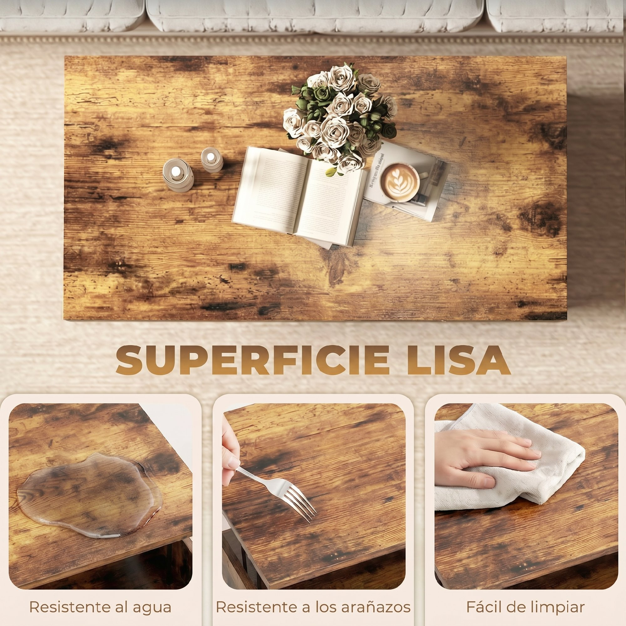 Mesa de centro rústica con superficie lisa, resistente al agua, resistente a los arañazos y fácil de limpiar.