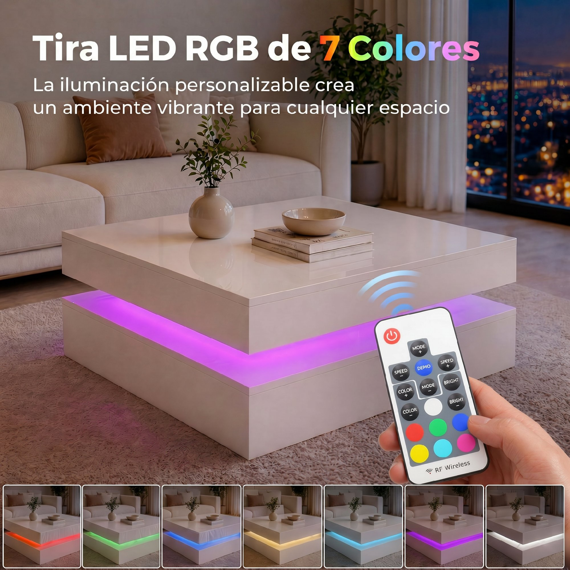 Una mano sostiene un control remoto apuntando a una mesa de centro blanca moderna con tiras LED moradas.