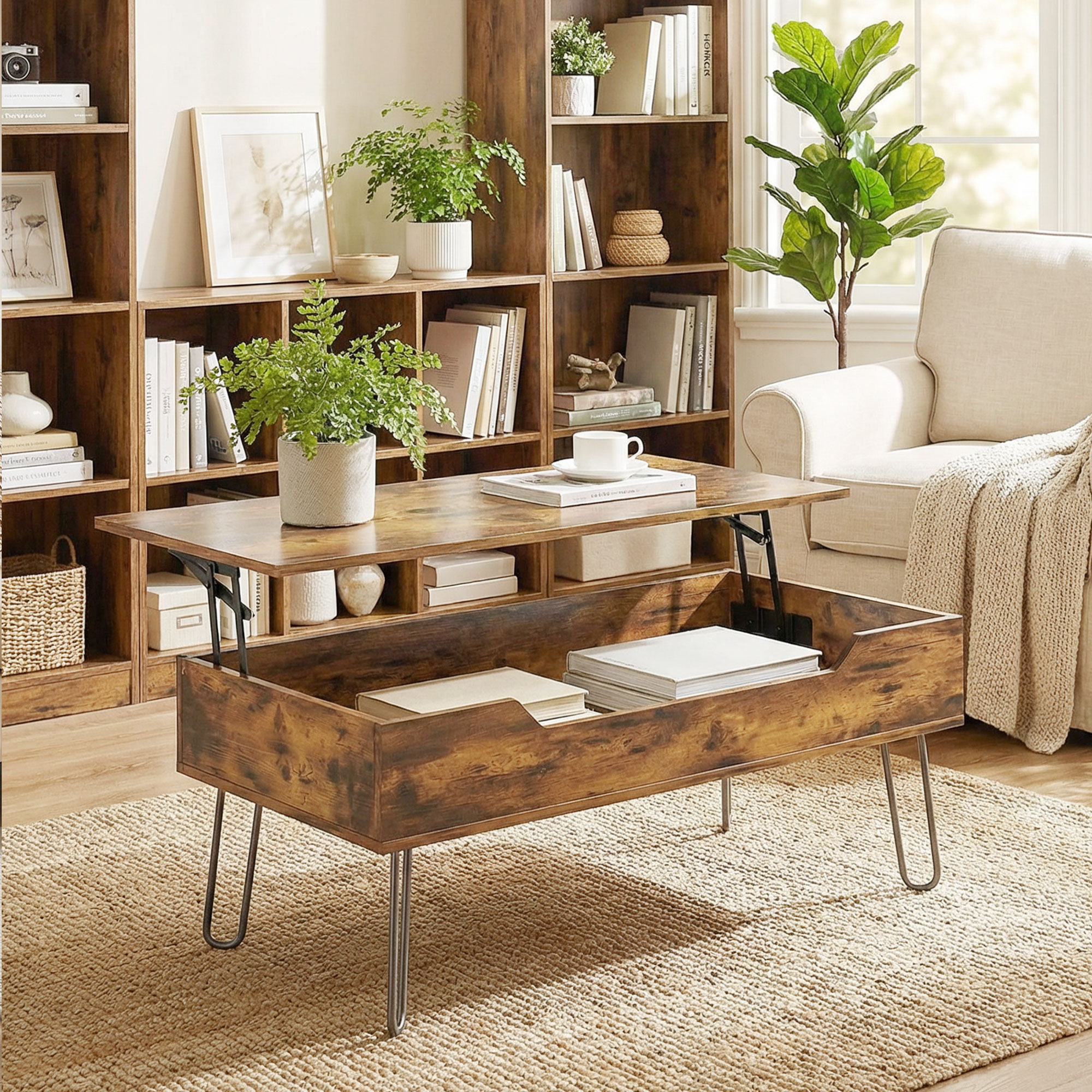 Una mesa de centro de madera con la parte superior levantada que revela almacenamiento. De fondo, estanterías y un sillón.