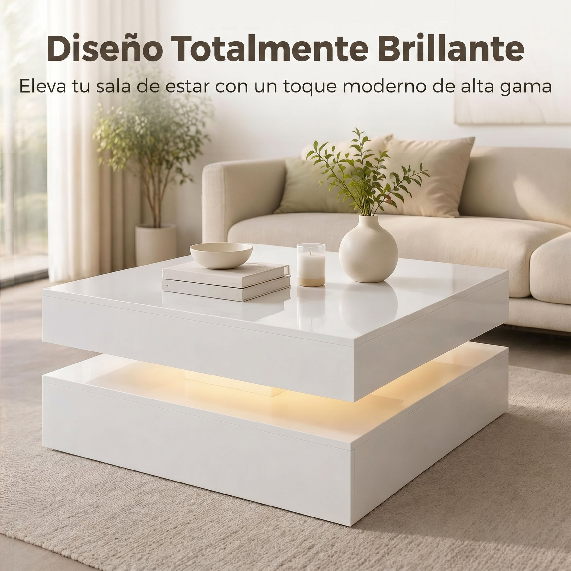 Mesa de centro blanca brillante con iluminación integrada en una sala moderna.