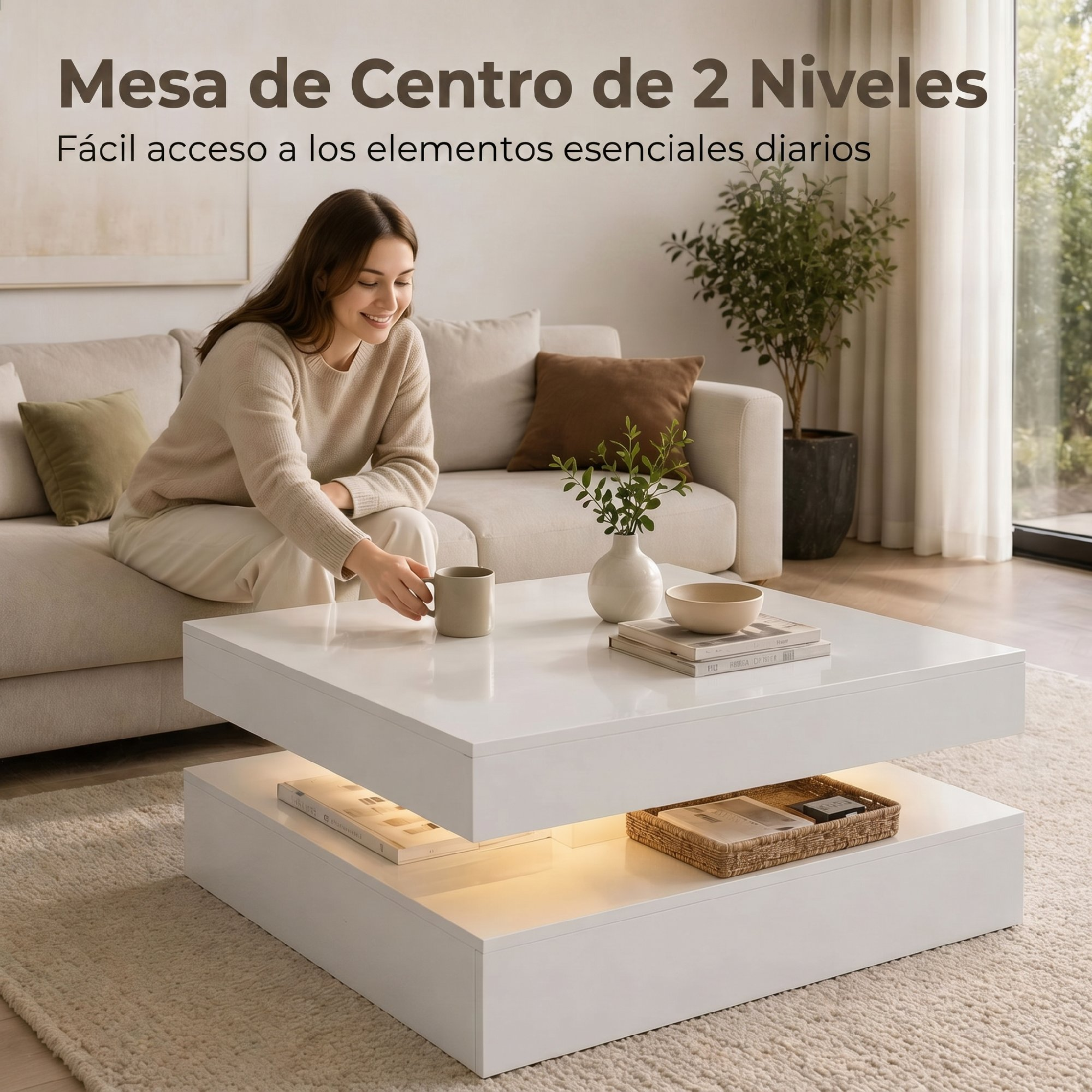 Una mujer se sienta en un sofá claro, tomando una taza de una mesa de centro blanca moderna de dos niveles.