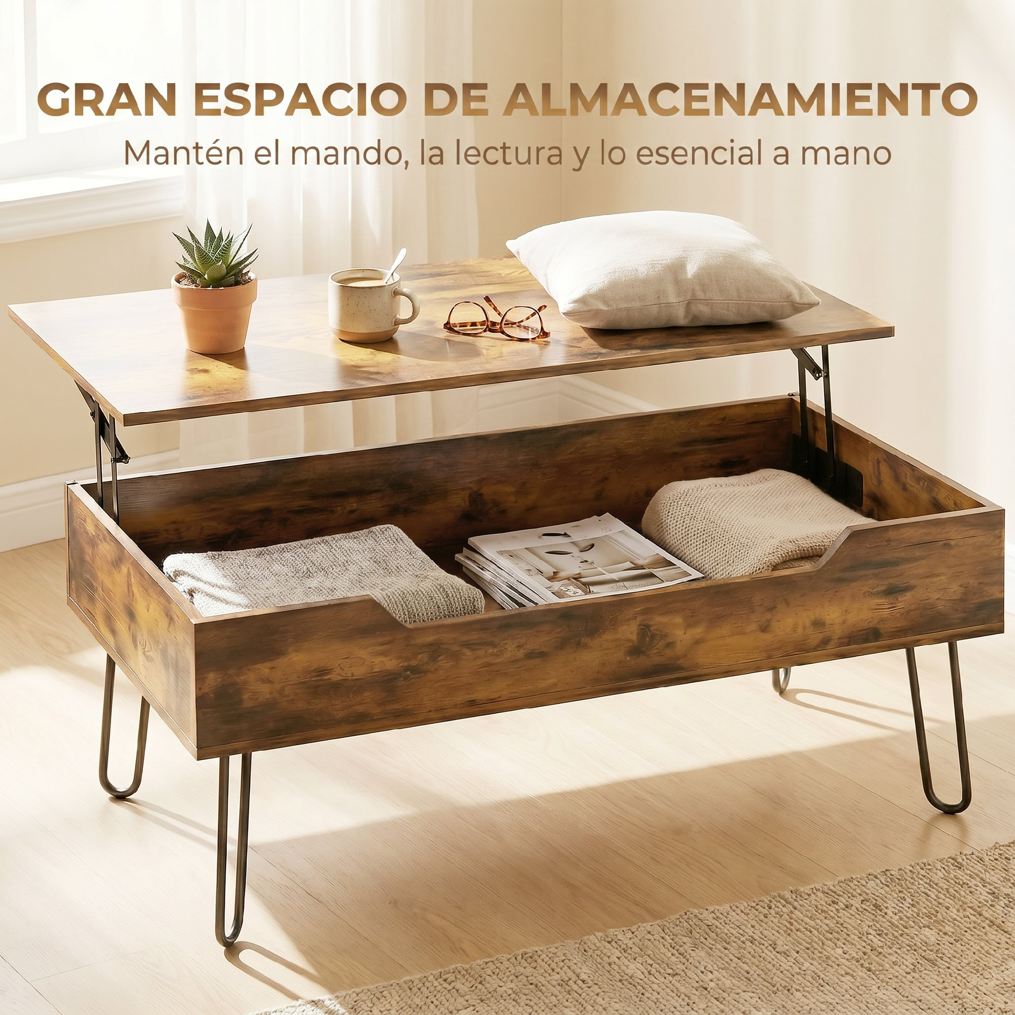 Mesa de centro elevable de madera abierta, mostrando almacenamiento con mantas y revistas dentro.