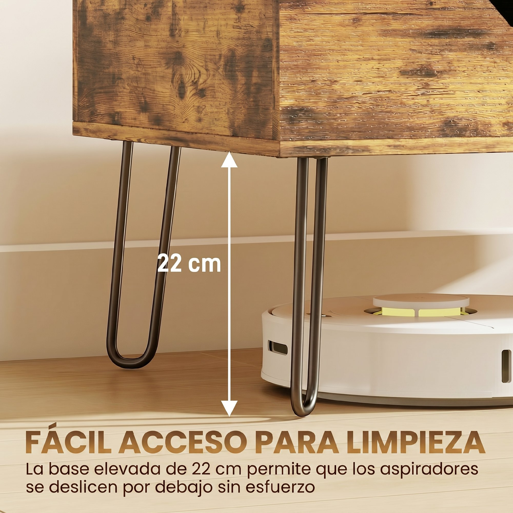 Una mesa de madera de 22 cm de altura con patas de metal permite que un robot aspirador pase por debajo.