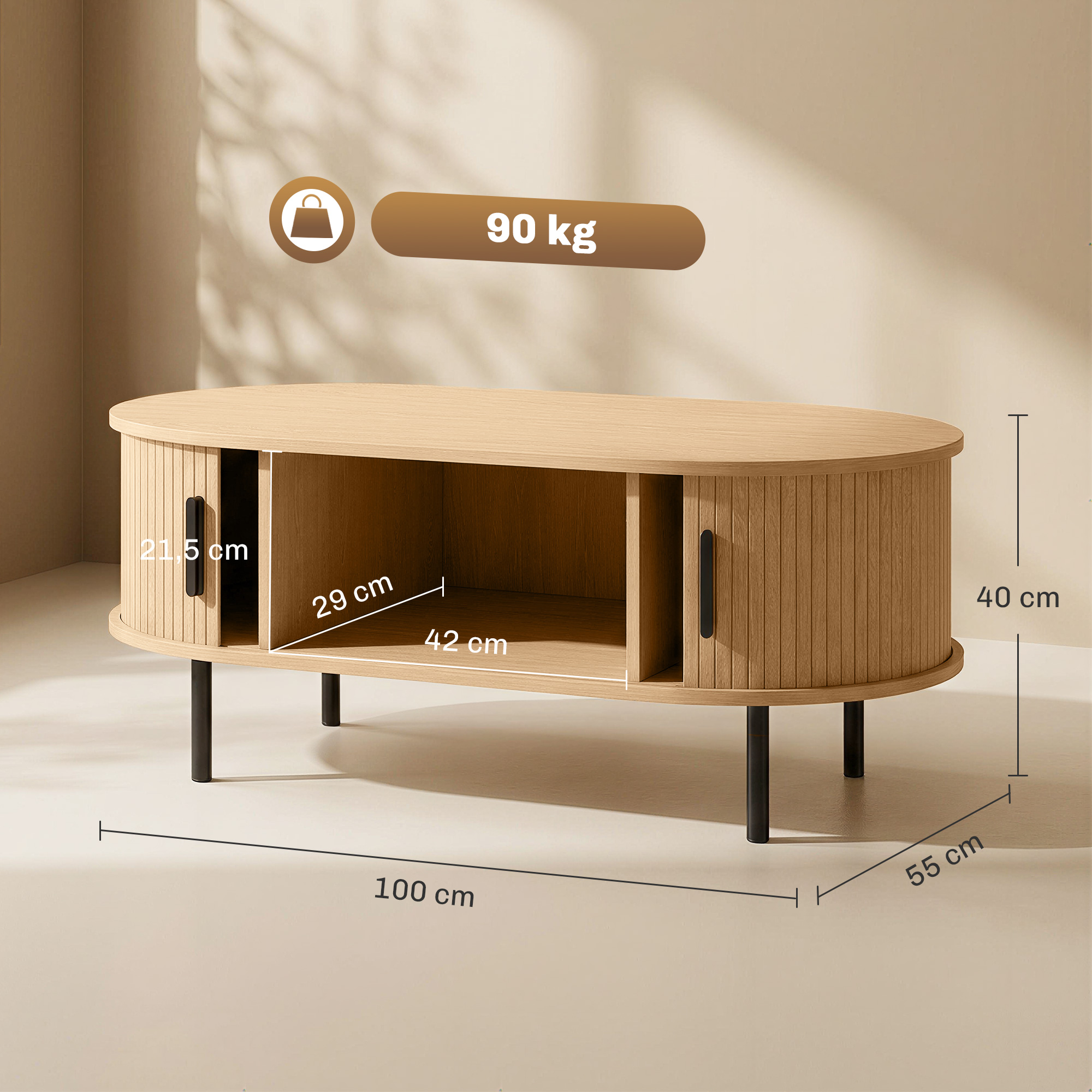 Mesa de centro de madera con puertas de listones, patas de metal negro, medidas superpuestas y capacidad de peso de 90 kg.
