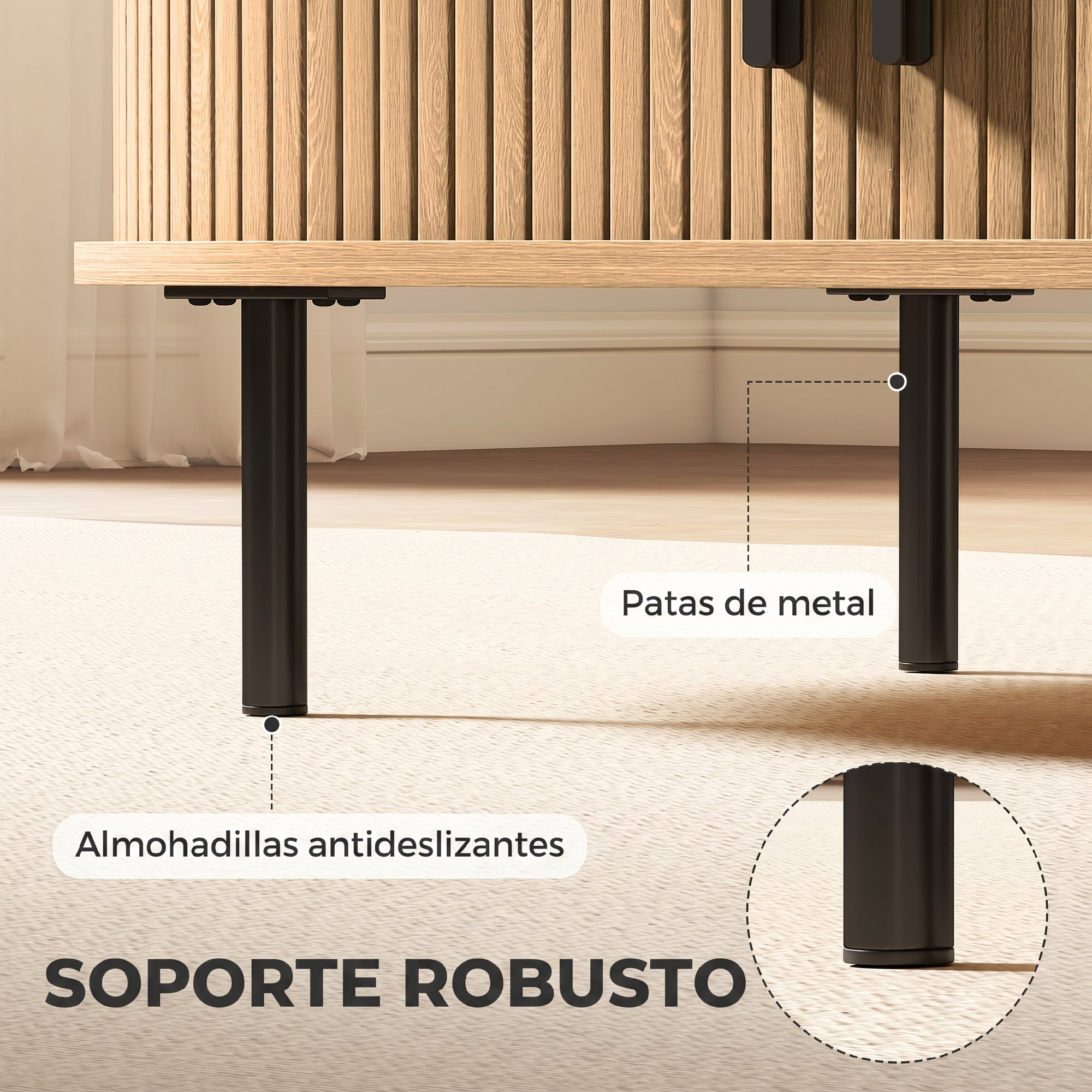 Mueble de madera sobre patas de metal negro con almohadillas y texto.
