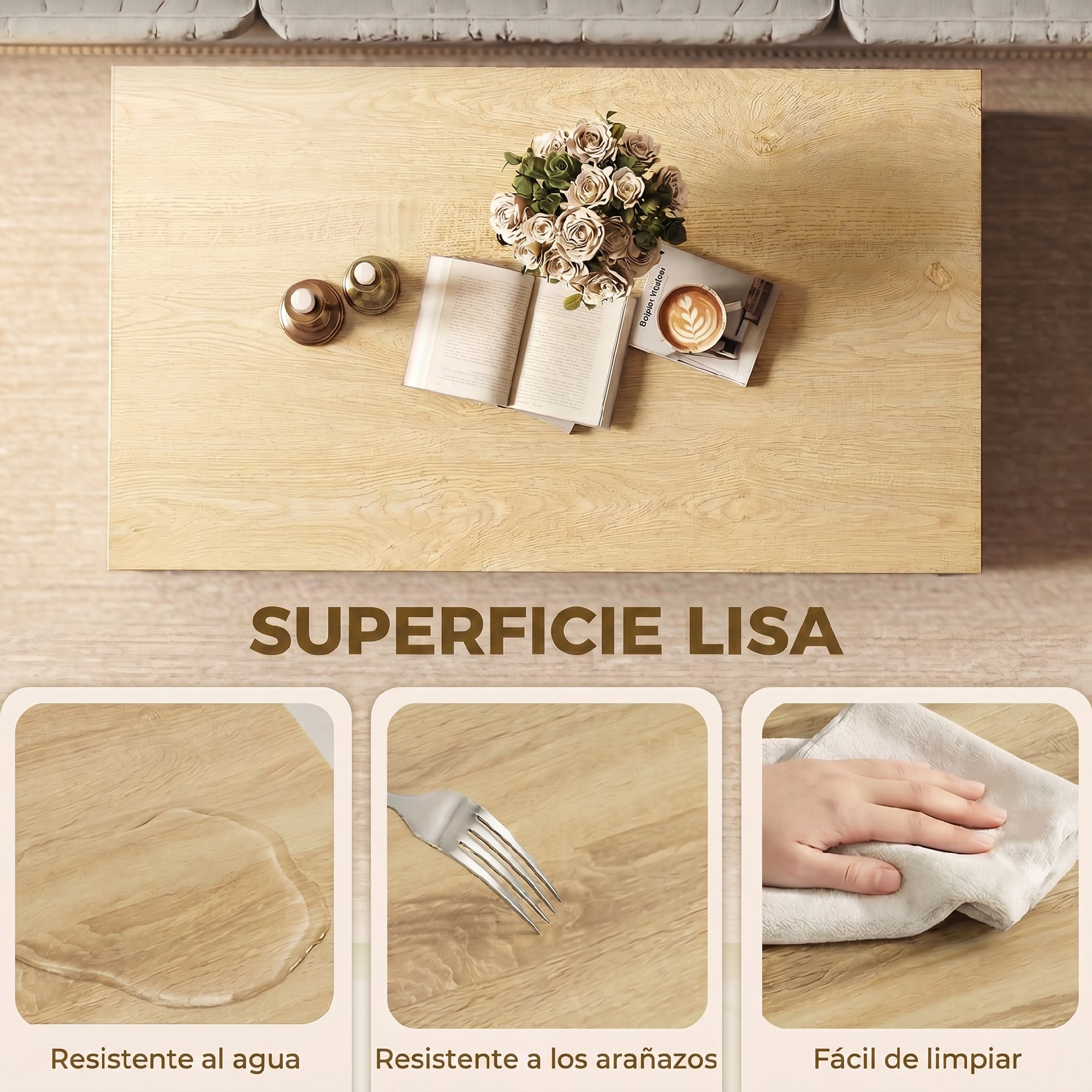 Mesa de centro de madera con decoracion, resistente al agua y aranazos, facil de limpiar.