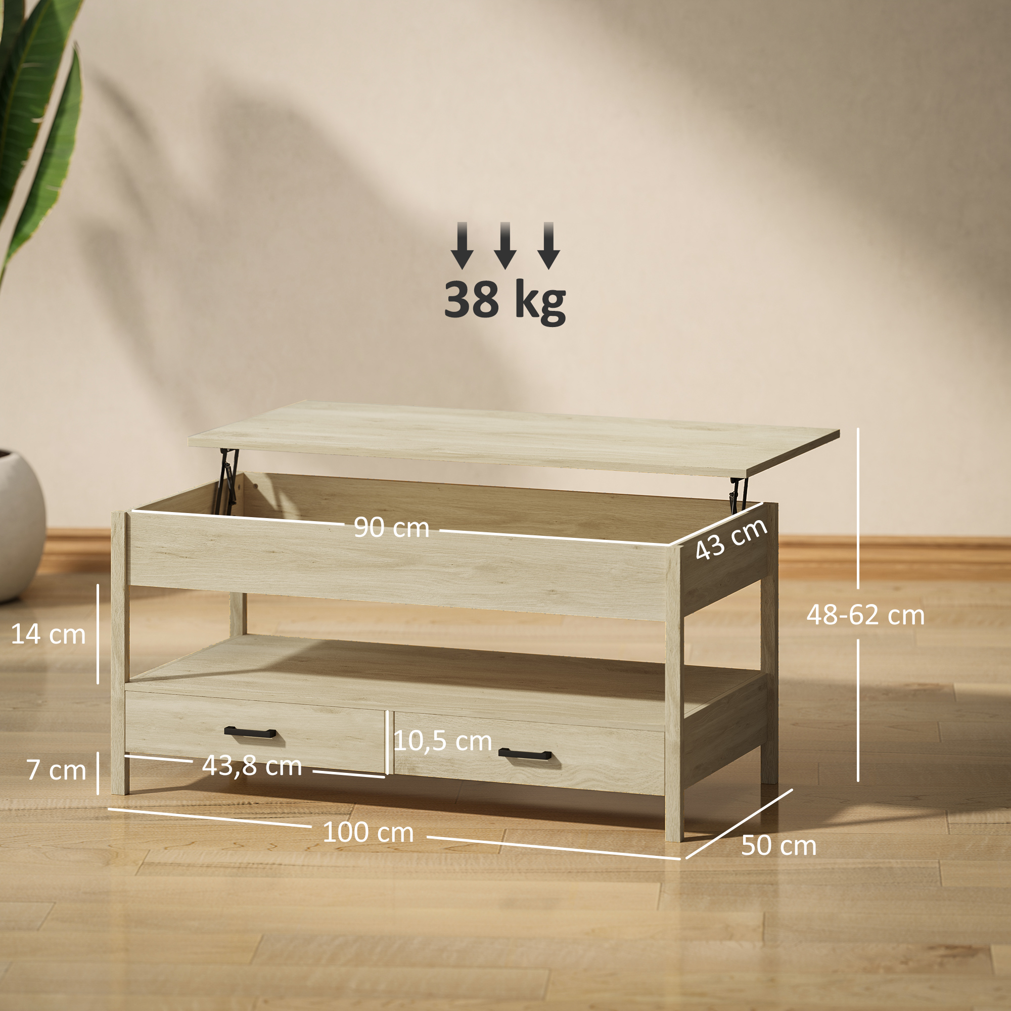 Mesa de centro de madera con tablero elevable, dos cajones y medidas.