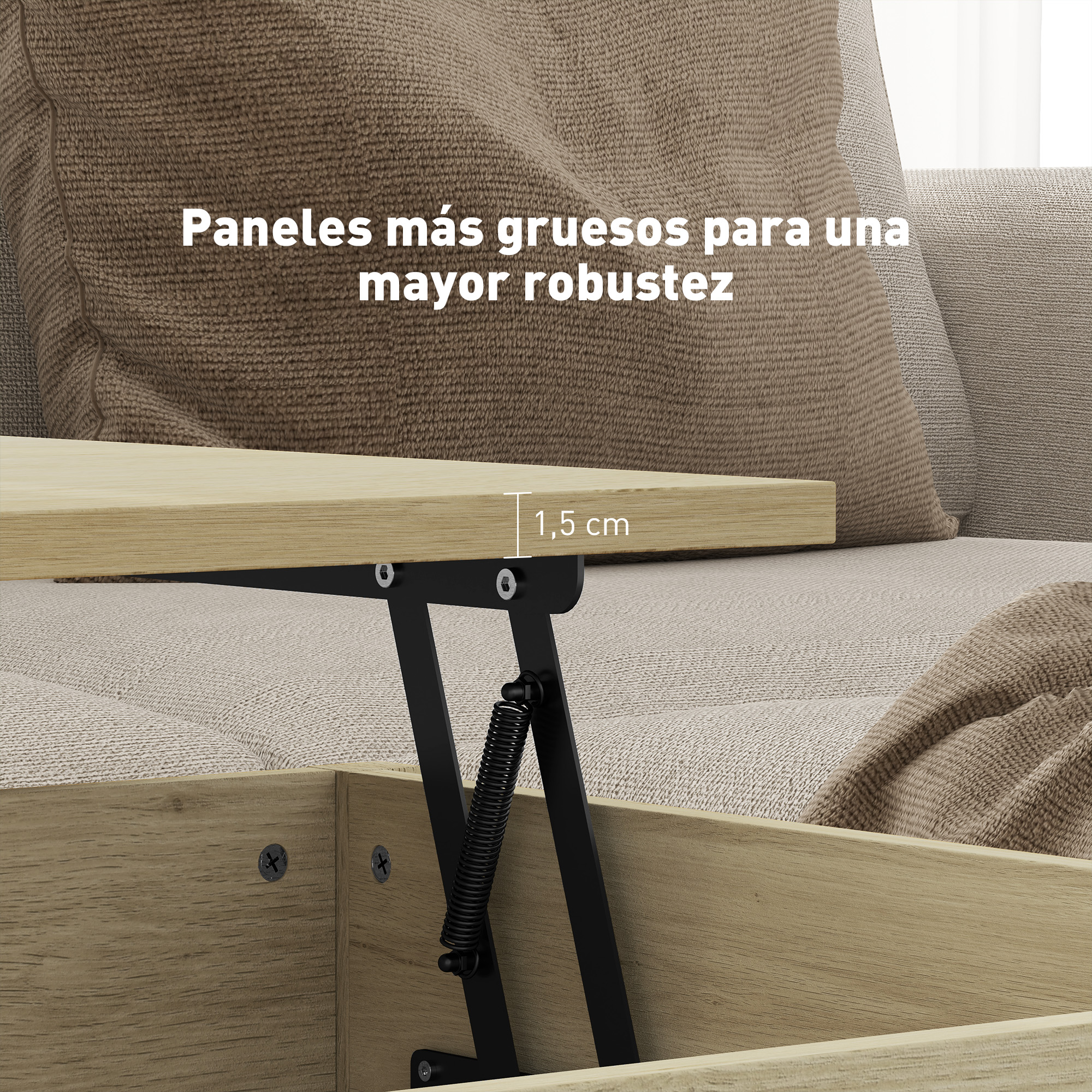 Mueble de madera con bisagra metálica negra, panel de 1,5 cm de grosor y cojines al fondo.