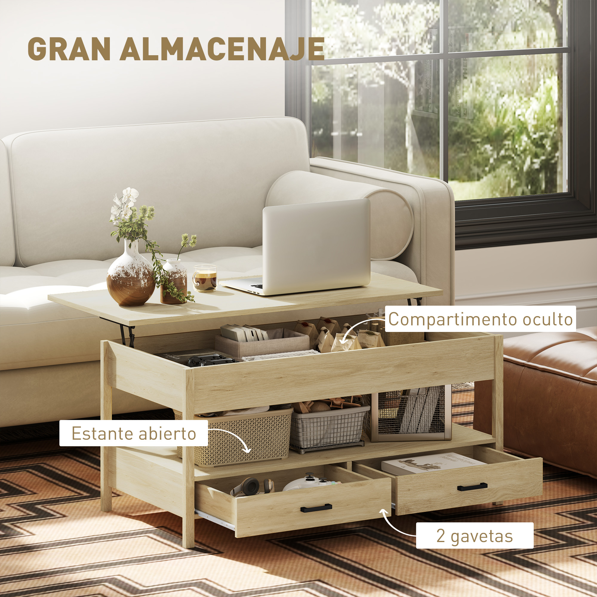 Mesa de centro elevable de madera con almacenamiento oculto, estante abierto y dos cajones frente a un sofá.