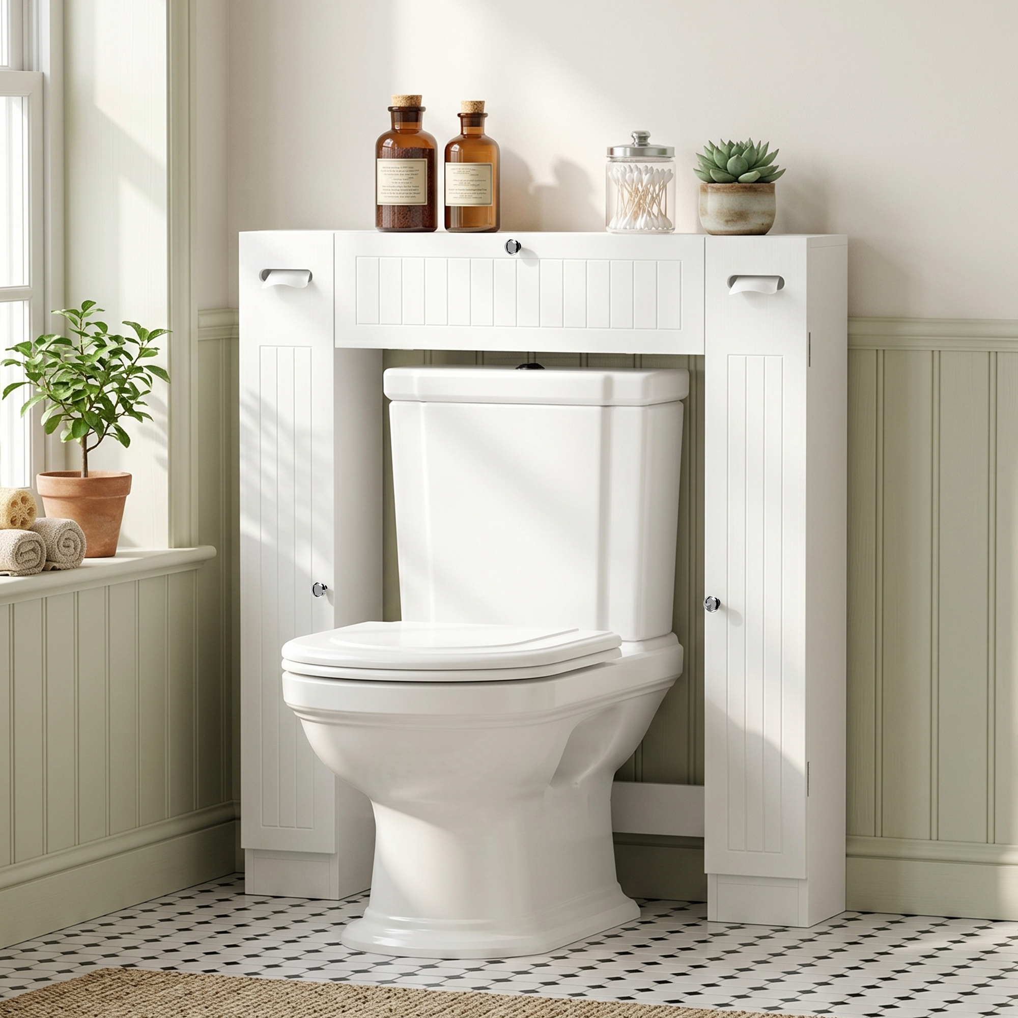 Mueble de almacenamiento blanco sobre el inodoro en un baño luminoso con suelo de baldosas.