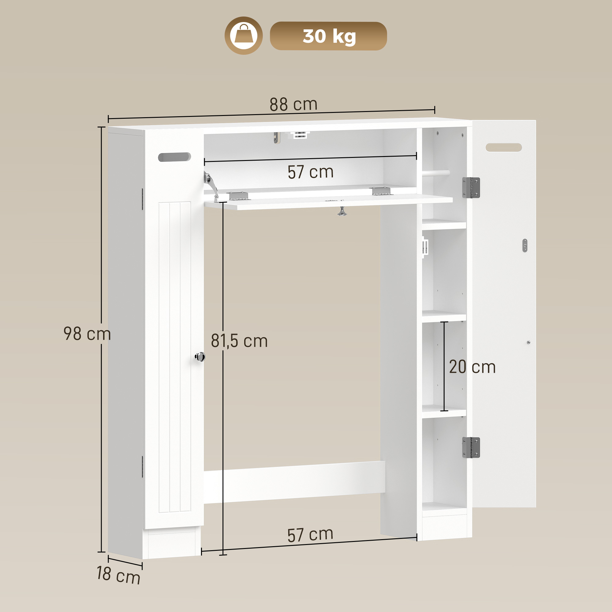 Armario de almacenamiento blanco con dimensiones y compartimentos abiertos, con icono de capacidad de 30 kg.