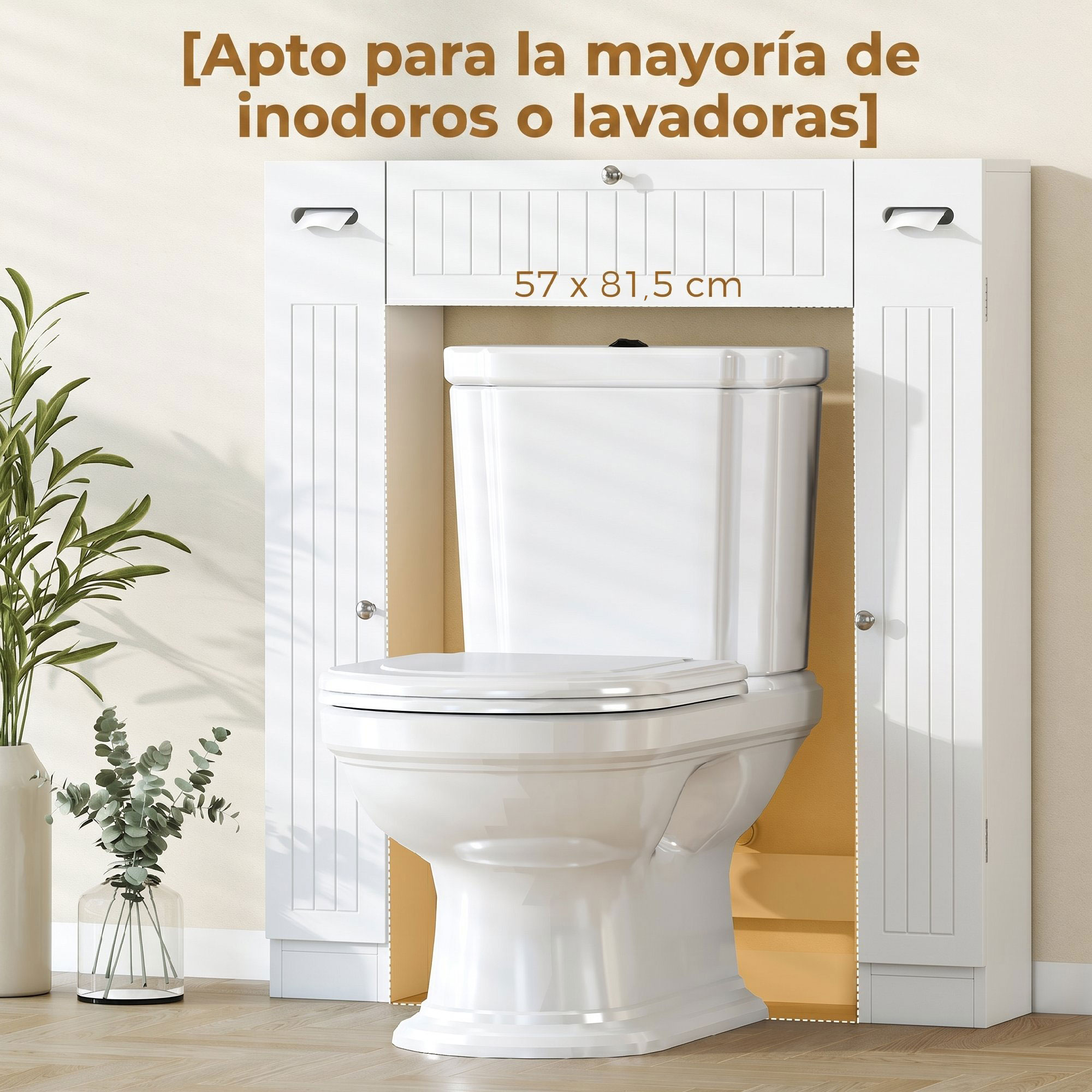 Armario blanco para colocar encima del inodoro, con textos superpuestos.