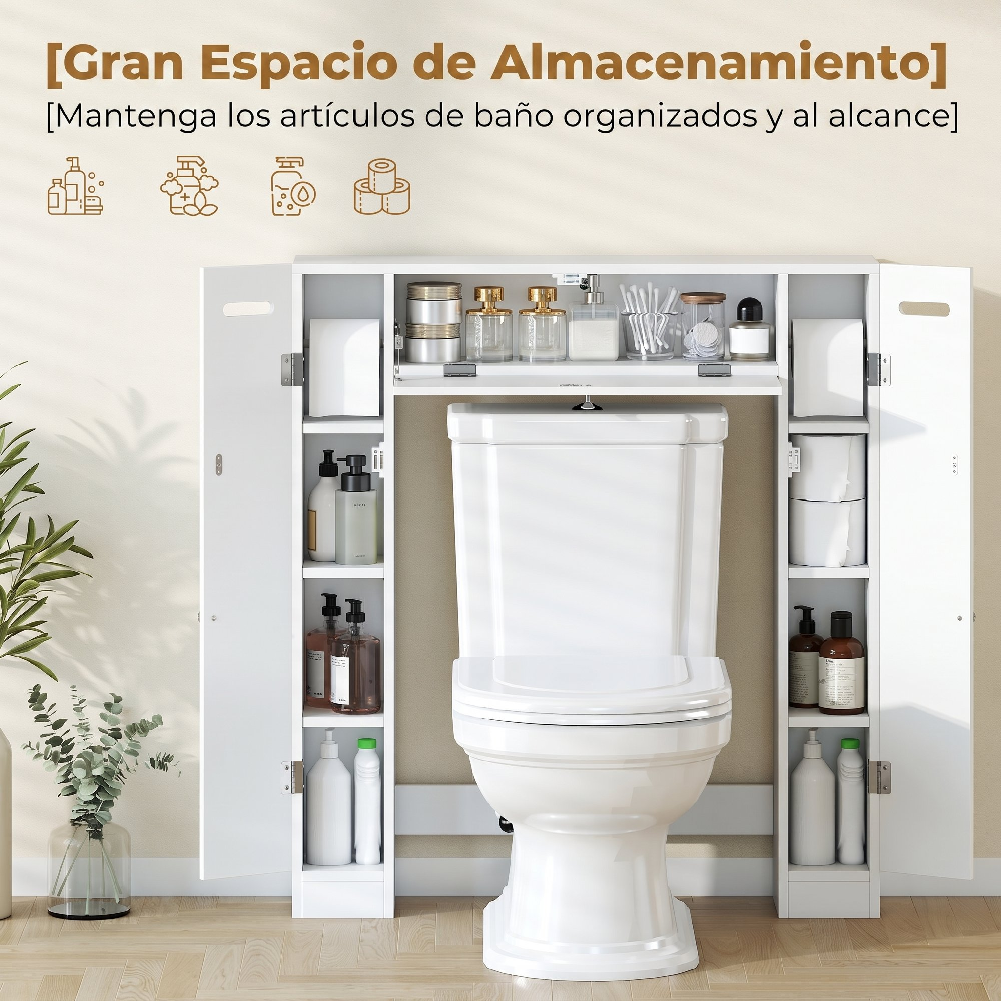 Armario blanco sobre el inodoro con puertas abiertas y estantes con artículos de baño.