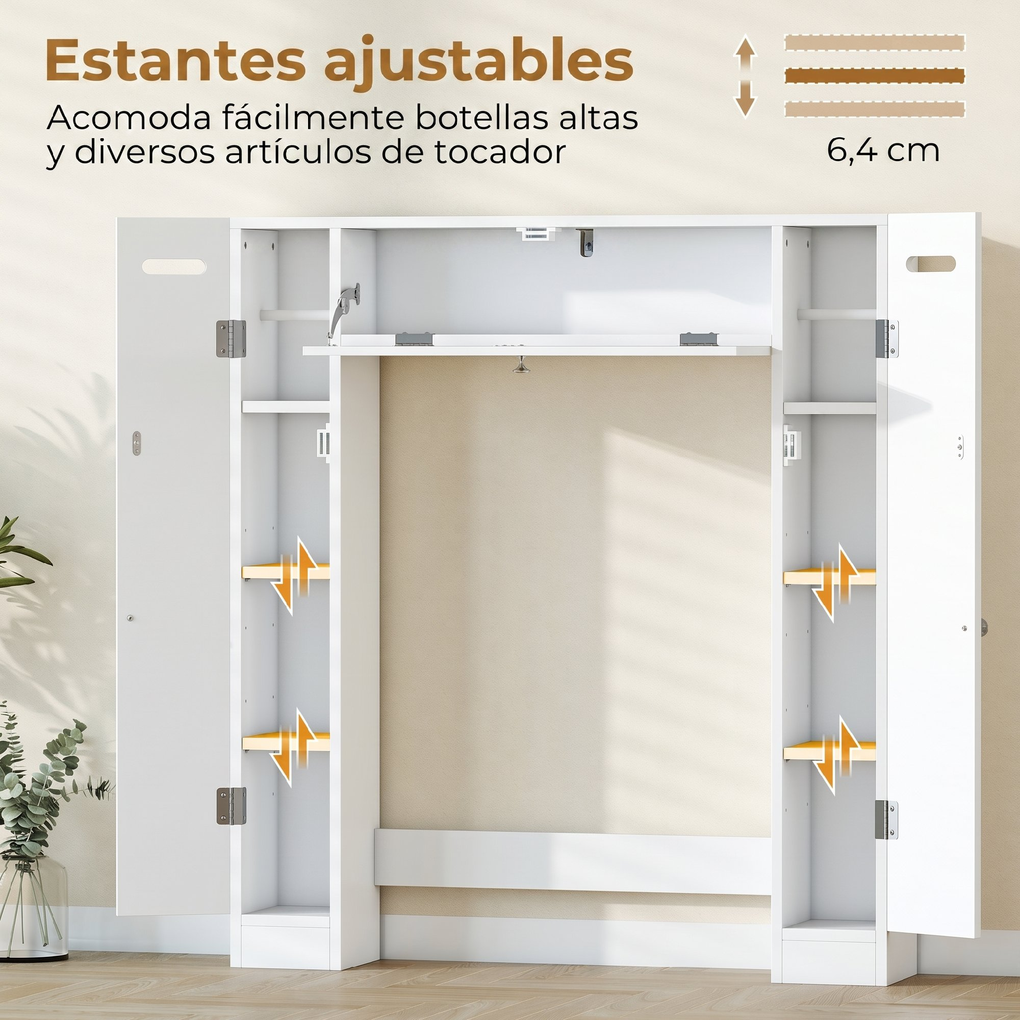 Armario de pared blanco con almacenamiento abierto y cerrado, con estantes ajustables.
