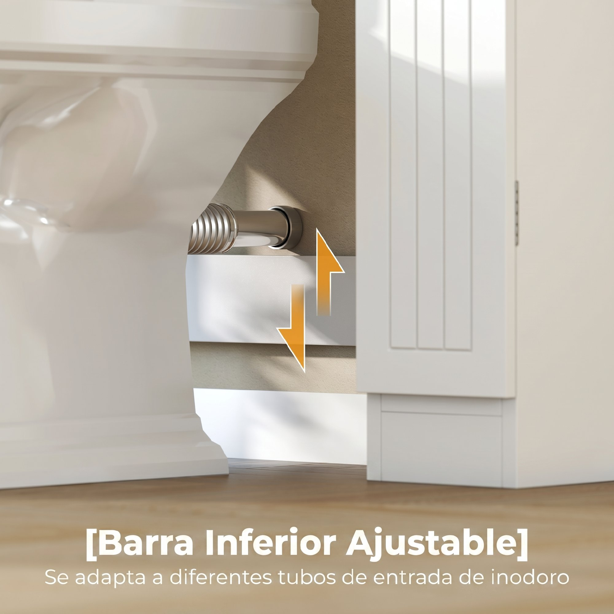 Barra inferior ajustable en un tubo de entrada de inodoro con flechas naranjas.
