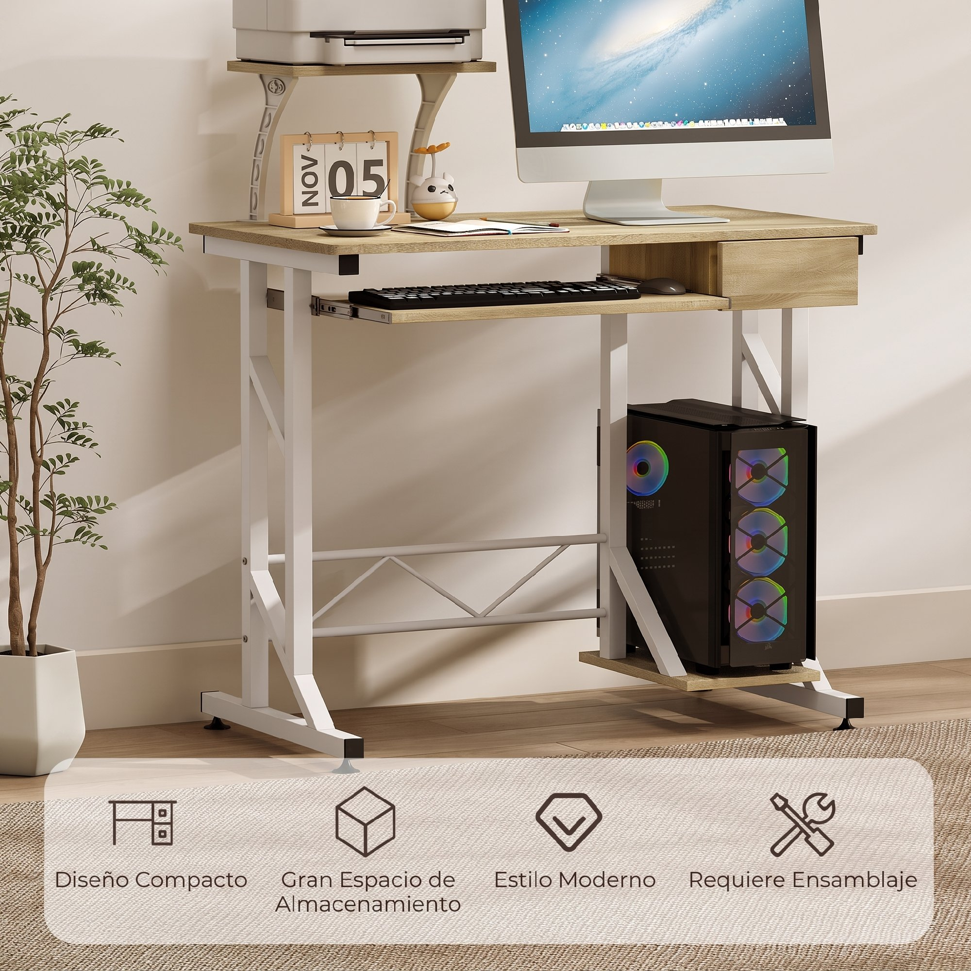 Escritorio de madera moderno con estructura de metal blanco, ordenador e impresora.