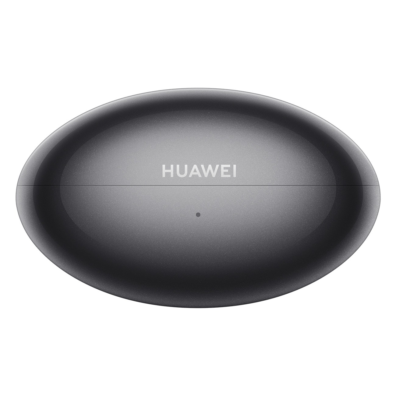 Ein graues, ovales Huawei-Ladecase für Kopfhörer mit einer LED-Leuchte auf einer weißen Hintergrund.
