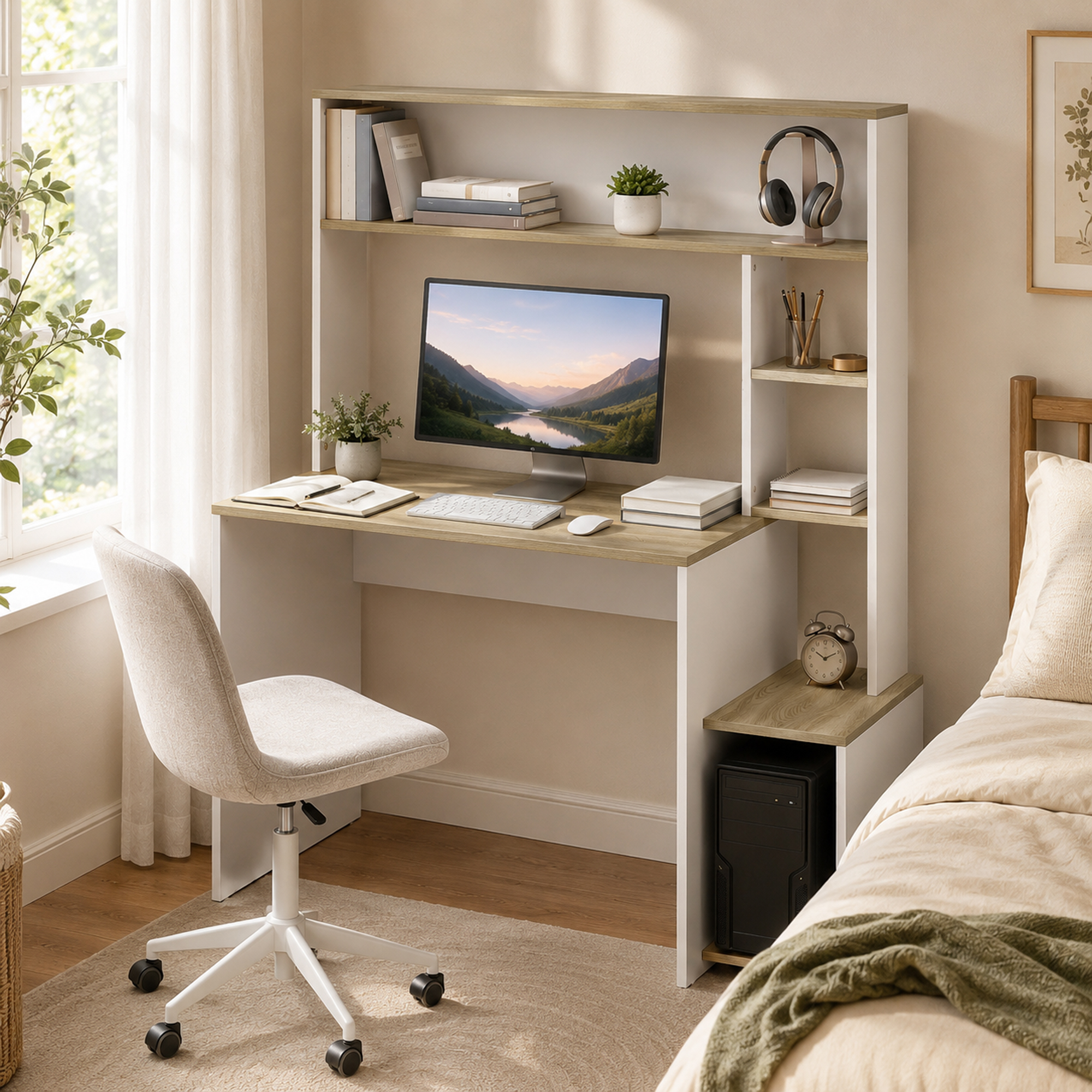 Un escritorio de madera con estantería y monitor, teclado y silla de oficina blanca junto a una cama.