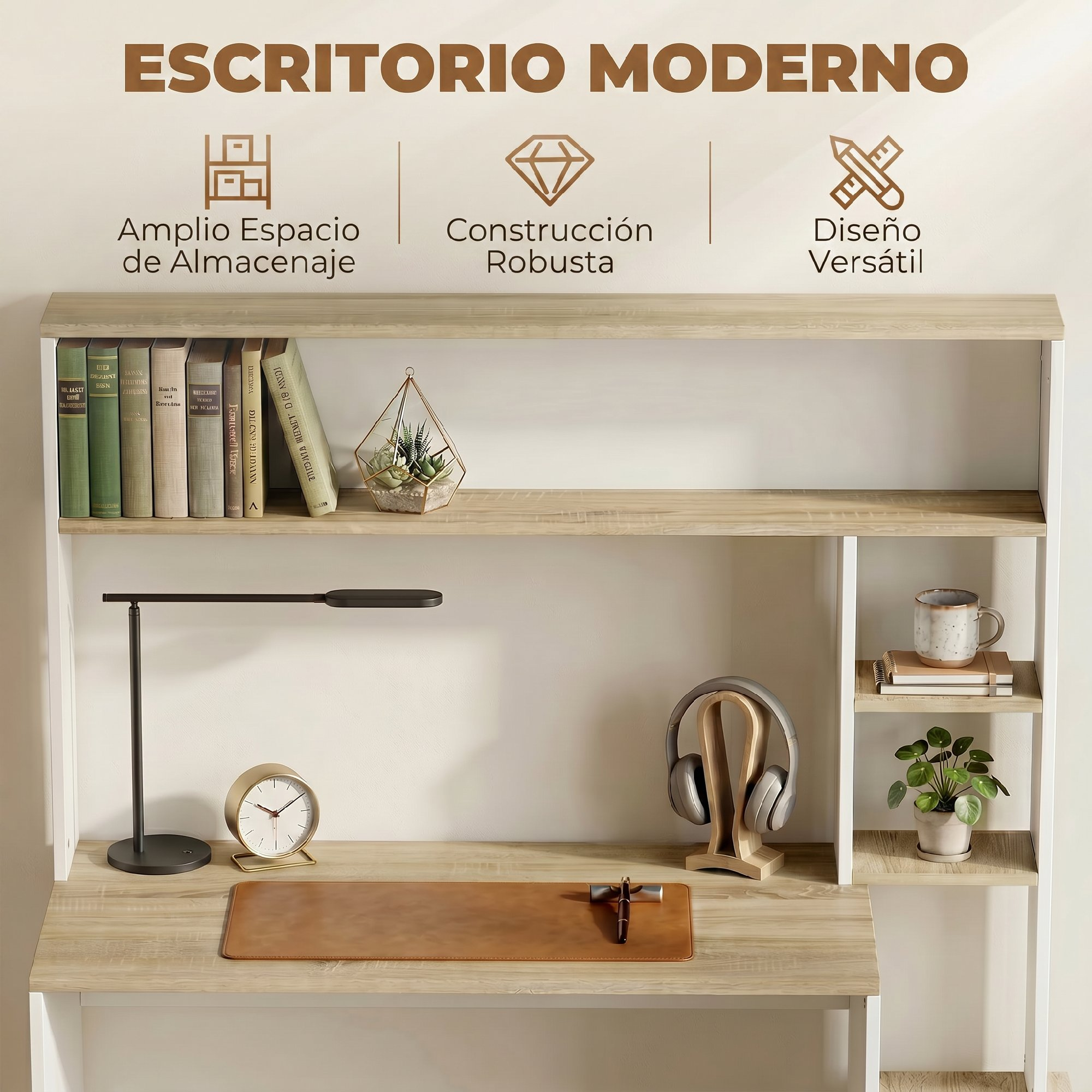 Escritorio de madera moderno con estante superior, lámpara, reloj, auriculares y libros.
