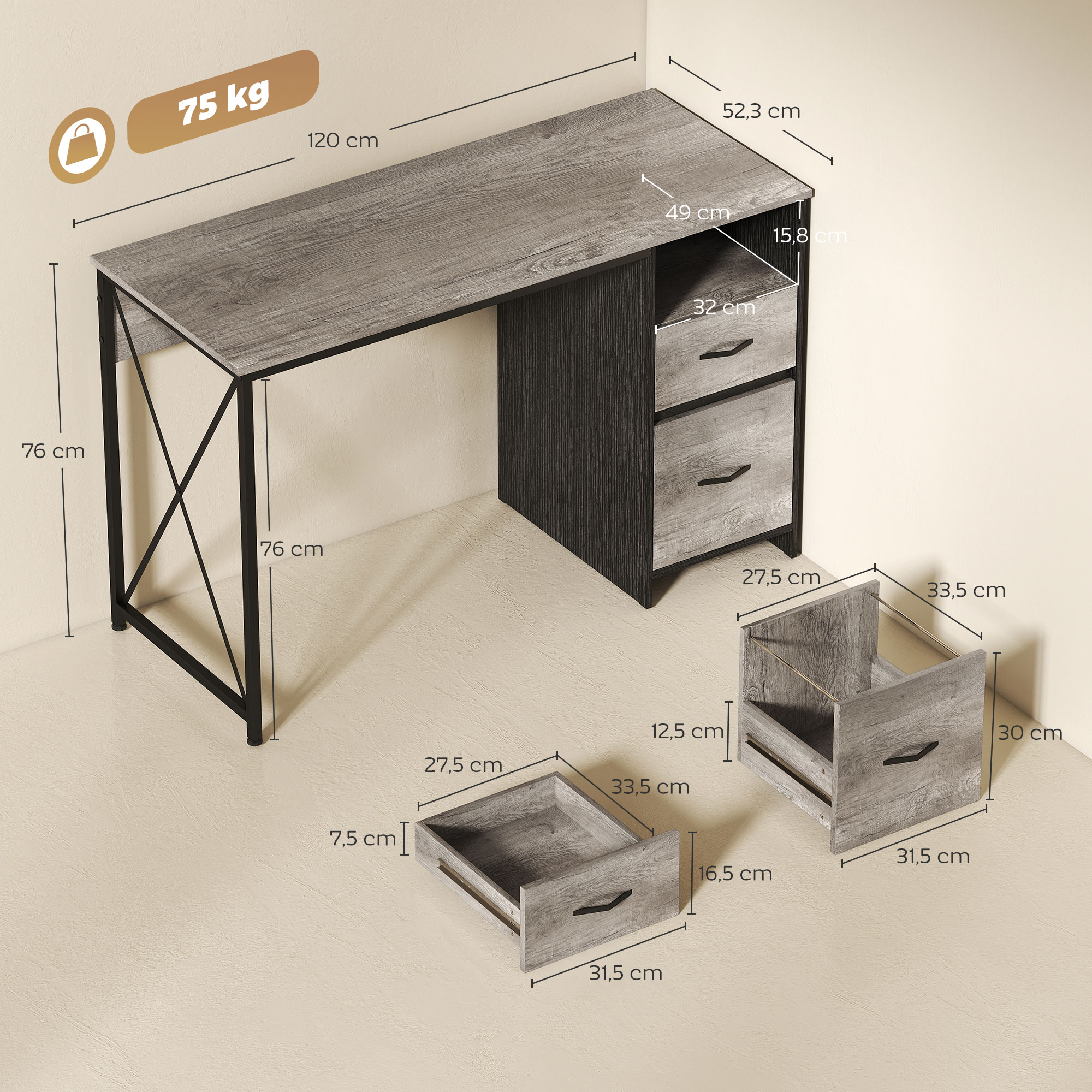 Escritorio gris y negro con dimensiones y cajones extraíbles en el suelo.