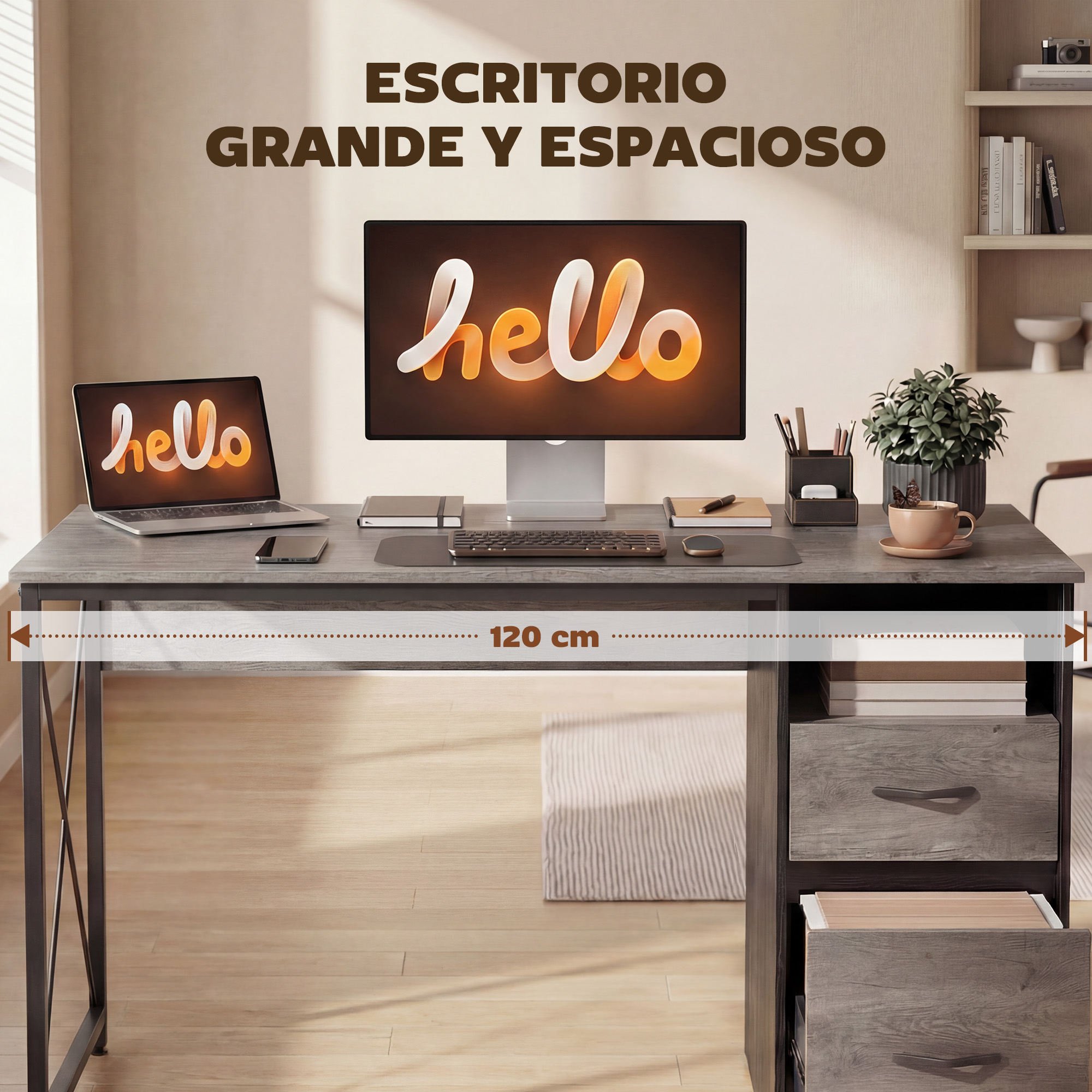 Un escritorio de madera espacioso con portátil, monitor, plantas y cajones.