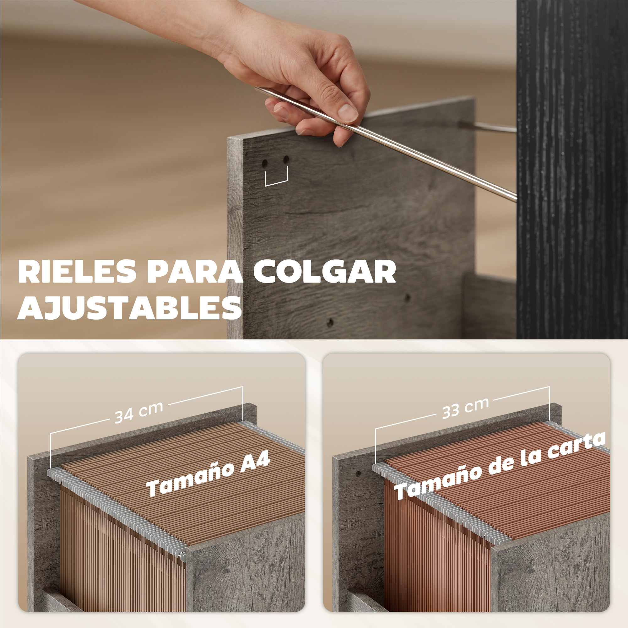 Mano instalando rieles ajustables para archivos colgantes A4 y carta.