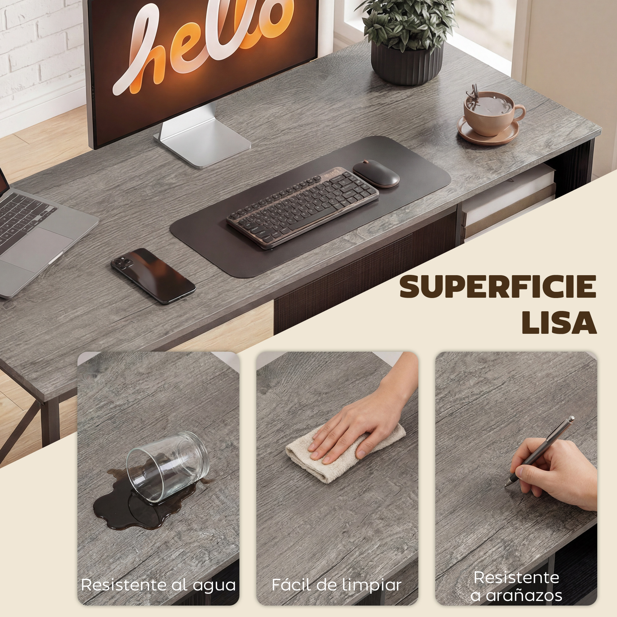 Escritorio gris con veta de madera, monitor, teclado y móvil, destacando su superficie resistente al agua y arañazos.