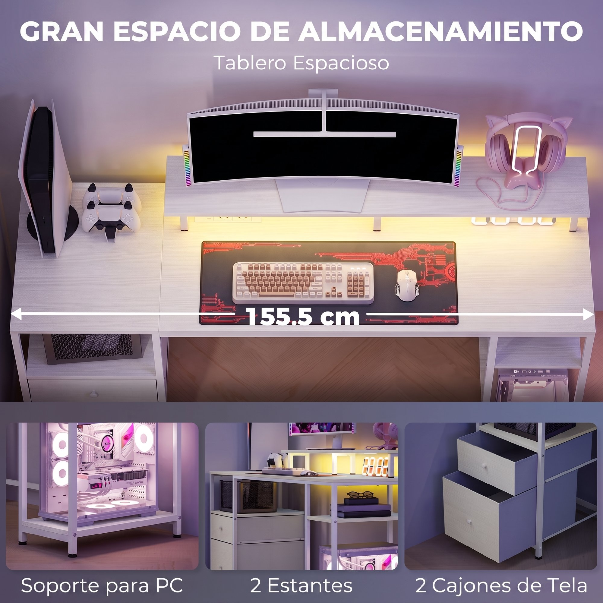 Un escritorio gamer blanco con monitor curvo, teclado, ratón, consola, auriculares y almacenamiento.