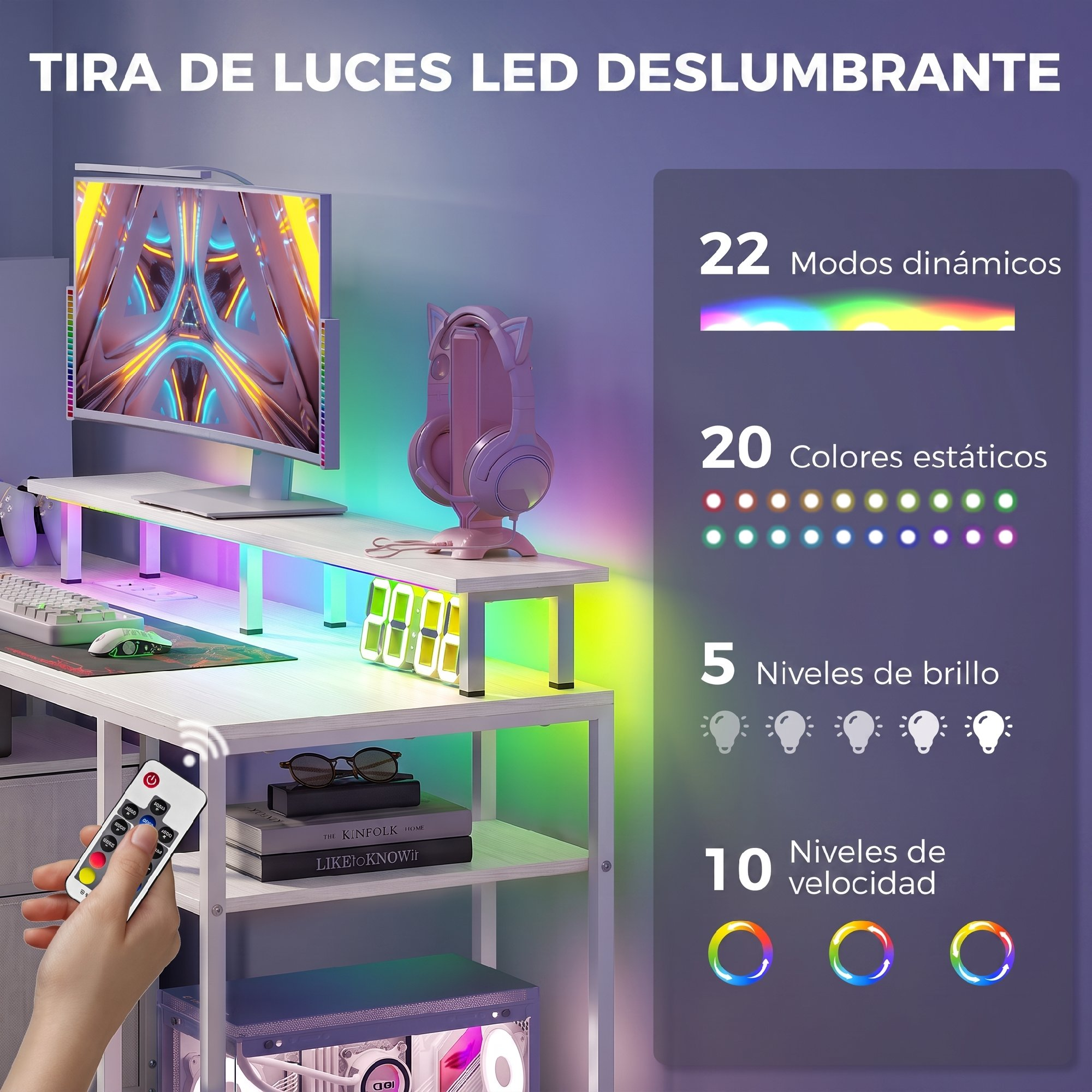 Un escritorio blanco con monitor, auriculares con orejas de gato, luces RGB y una mano con control remoto.